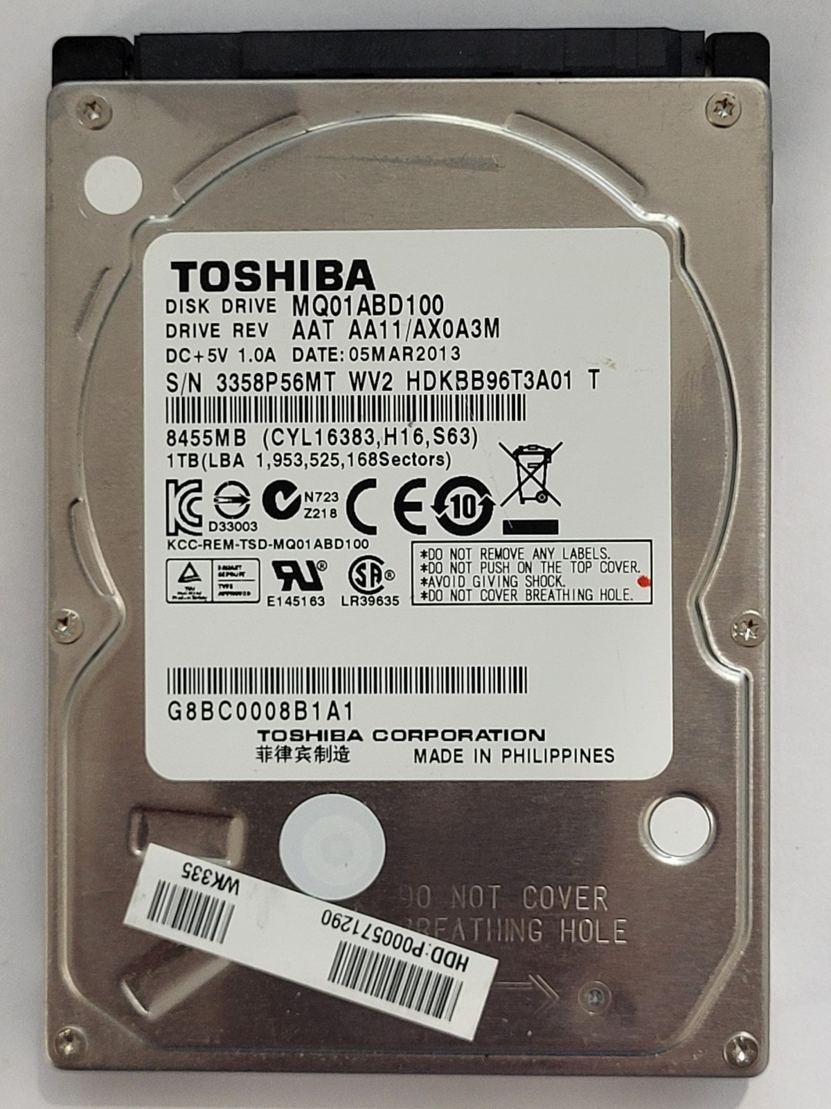 MQ01ABD100, HDKBB96T3A01 T, FW: AA11/AX0A3M, 05 MAR 2013, Toshiba 1Tb 2.5" HDD STK