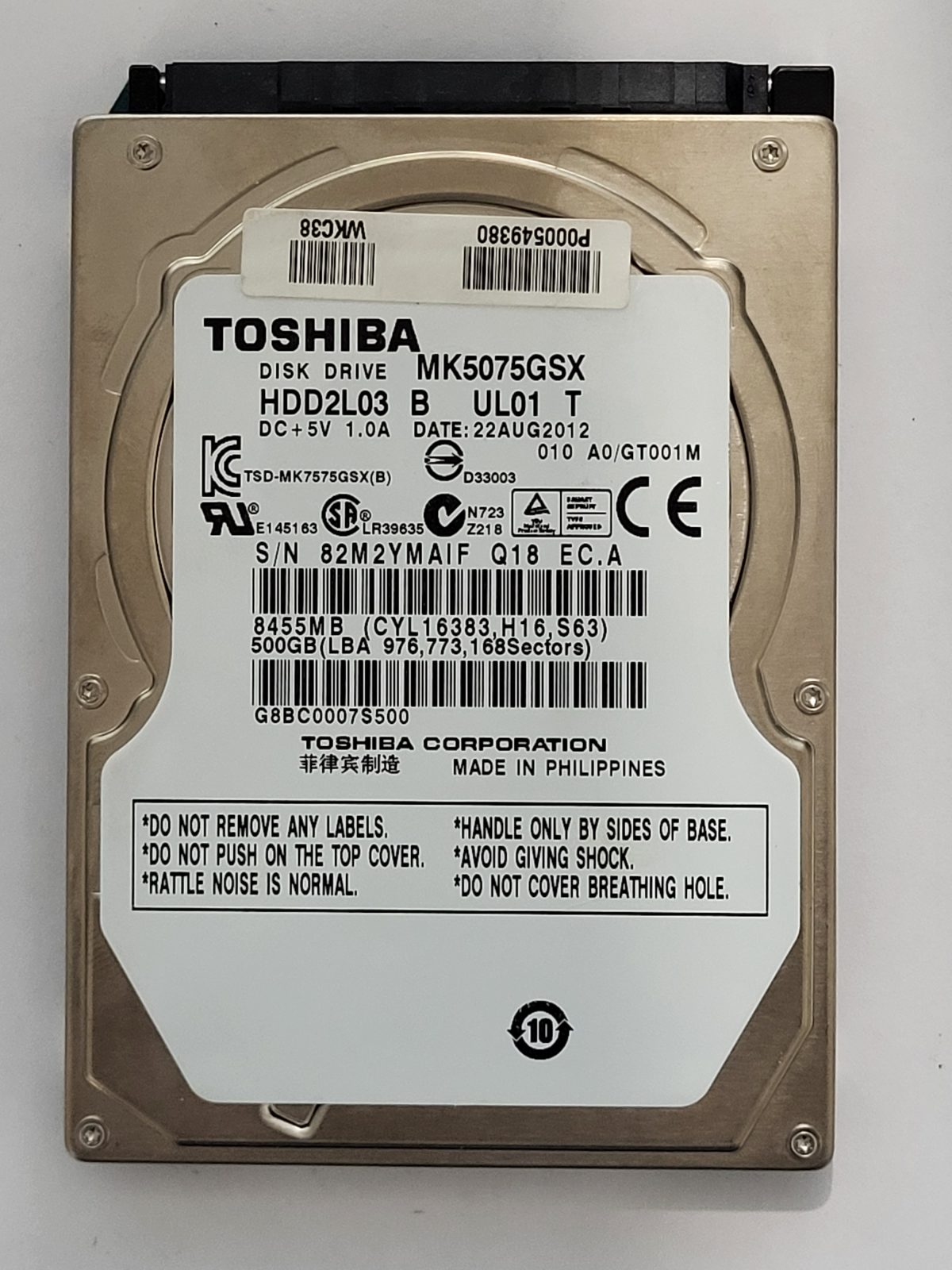 MK5075GSX, HDD2L03 B UL01 T, FW: A0/GT001M, 22 AUG 2012, Toshiba 500Gb 2.5" HDD STK
