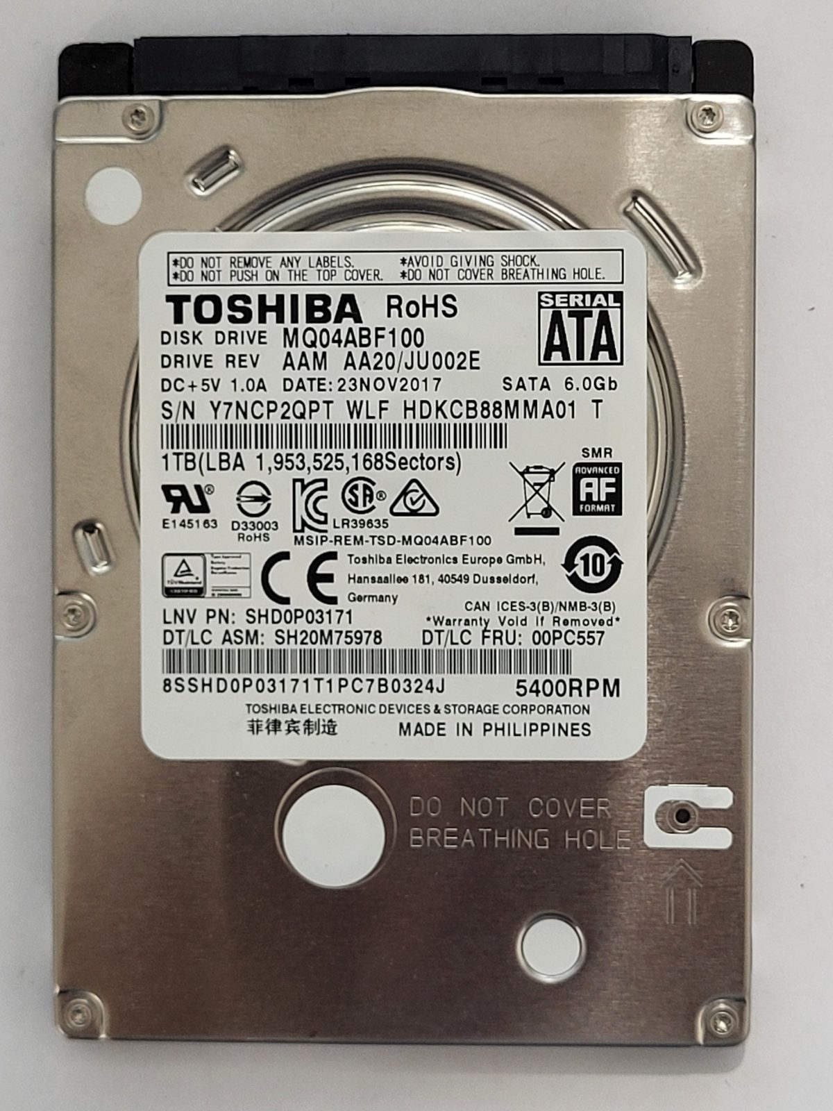 MQ04ABF100, HDKCB88MMA01 T, FW: AA20/JU002E0U, 23 NOV 2017, Toshiba 1Tb 2.5" HDD STK