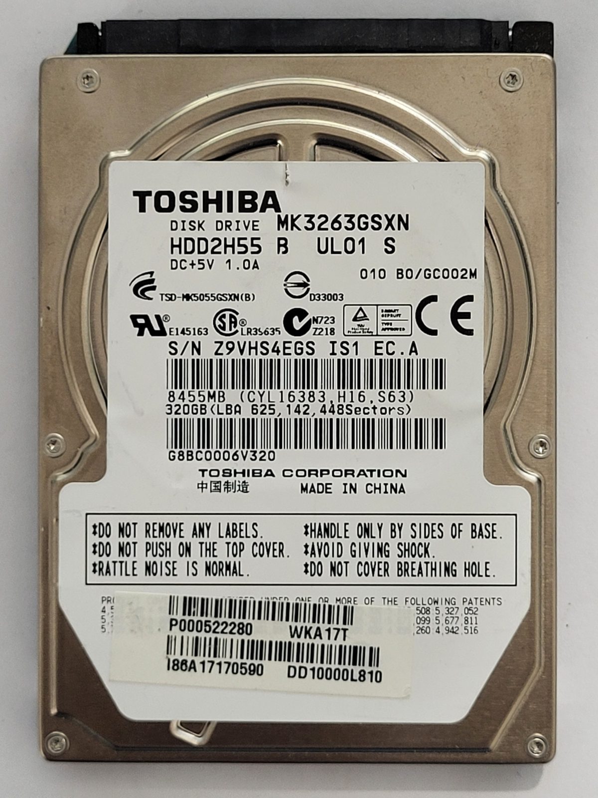 MK3263GSXN, HDD2H55 B UL01 S, FW: B0/GC002M, -, Toshiba 320Gb 2.5" HDD STK