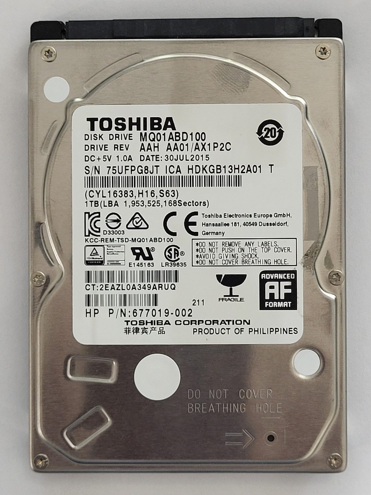 MQ01ABD100, HDKGB13H2A01 T, FW: AA01/AX1P2CAJ, 30 JUL 2015, Toshiba 1Tb 2.5" HDD STK