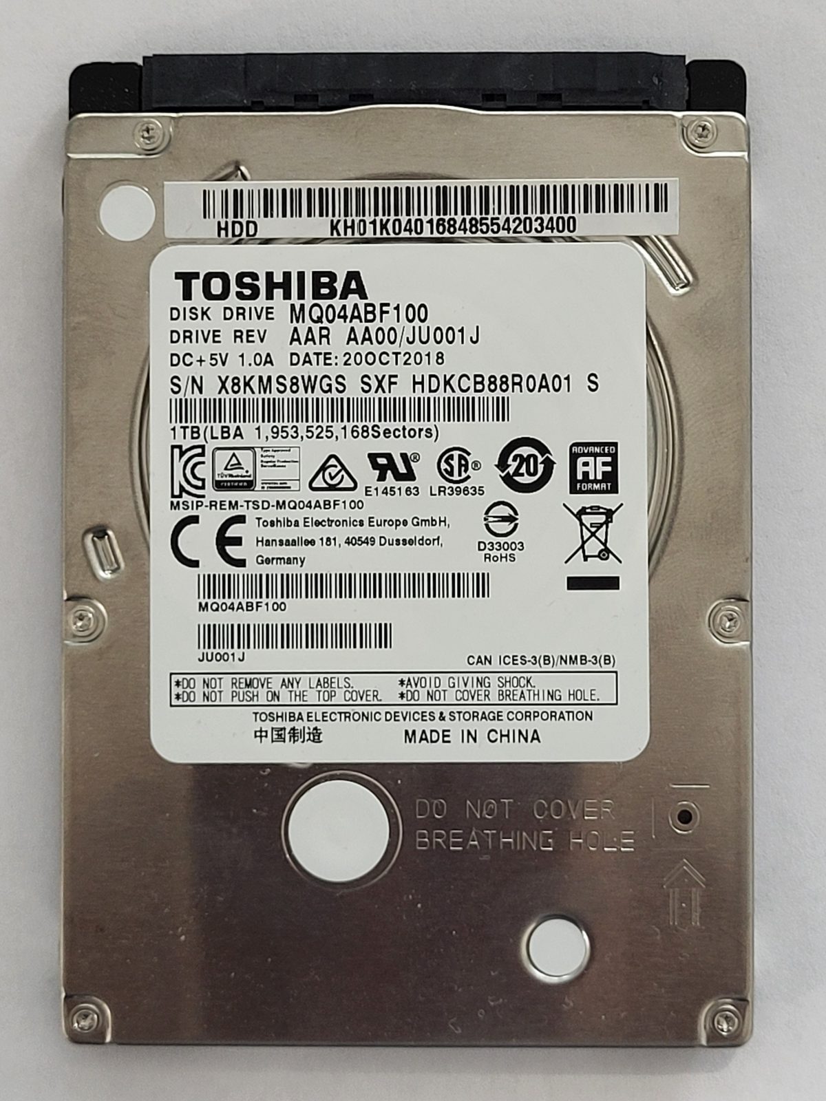 MQ04ABF100, HDKCB88E0A01 S, FW: AA00/JU001J1F, 20 OCT 2018, Toshiba 1Tb 2.5" HDD STK