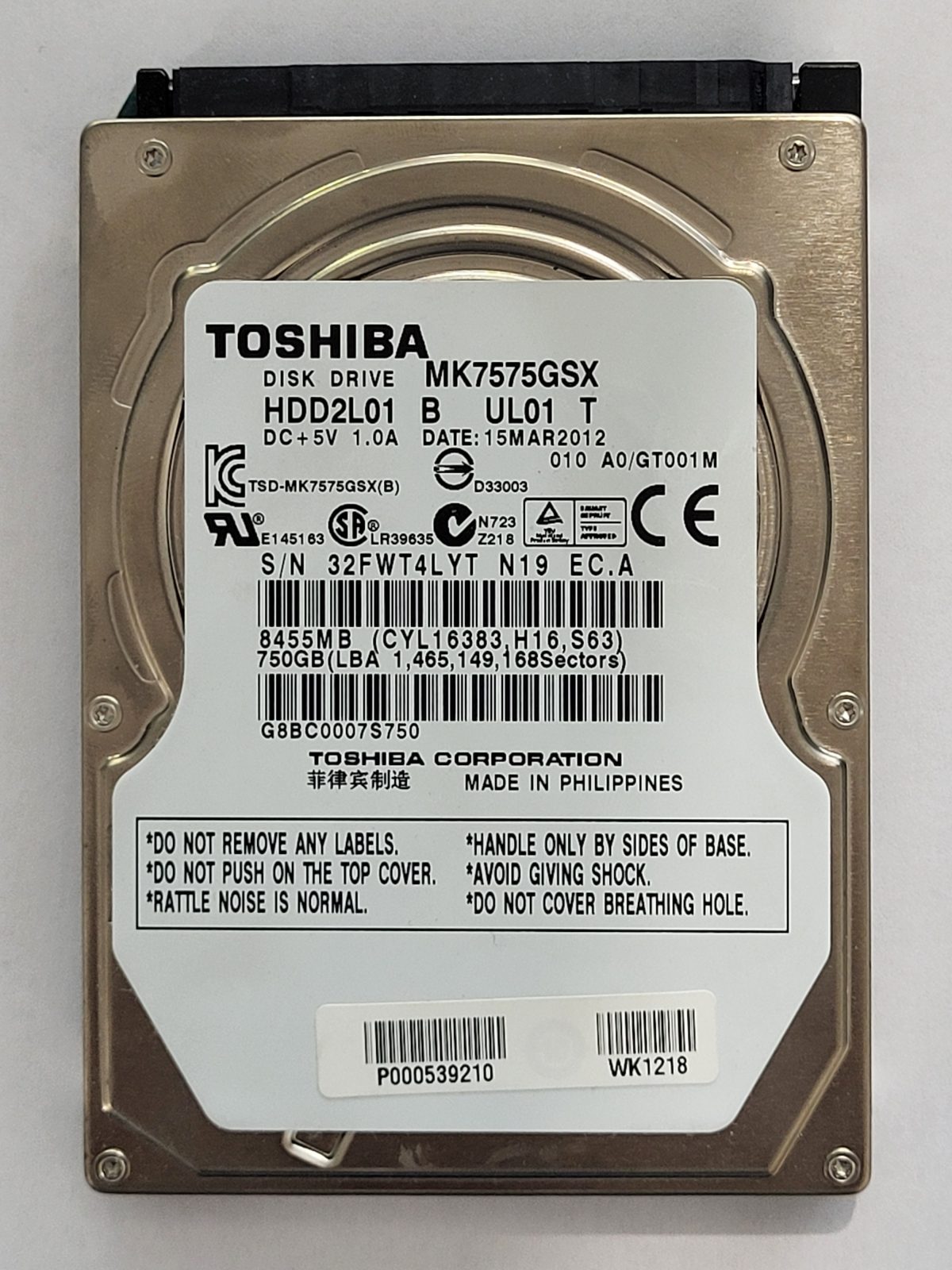 MK7575GSX, HDD2L01 B UL01 T, FW: A0/GT001M, 15 MAR 2012, Toshiba 750Gb 2.5" HDD STK