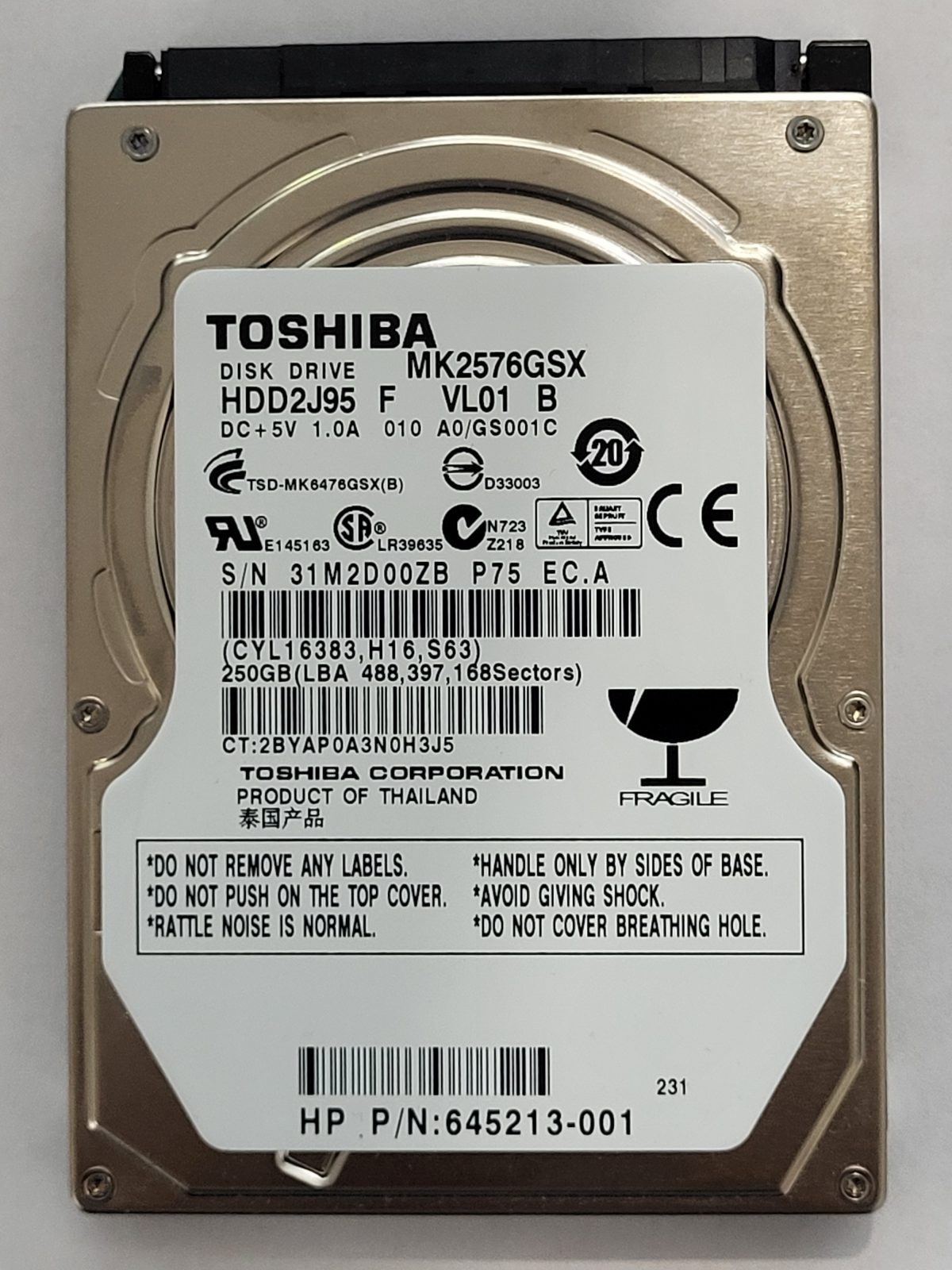 MK2576GSX, HDD2J95 F VL01 B, FW: A0/GS001C, -, Toshiba 250Gb 2.5" HDD STK