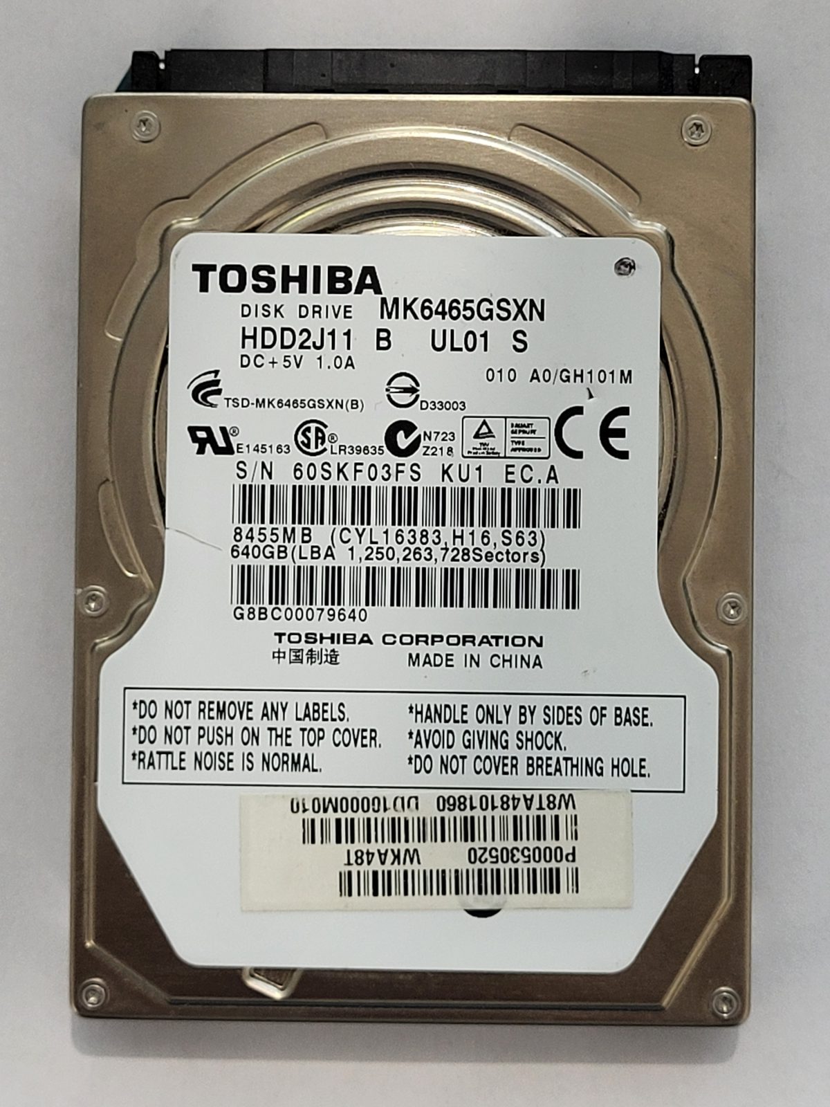 MK6465GSXN, HDD2J11 B UL S, FW: A0/GH101M, -, Toshiba 640Gb 2.5" HDD STK