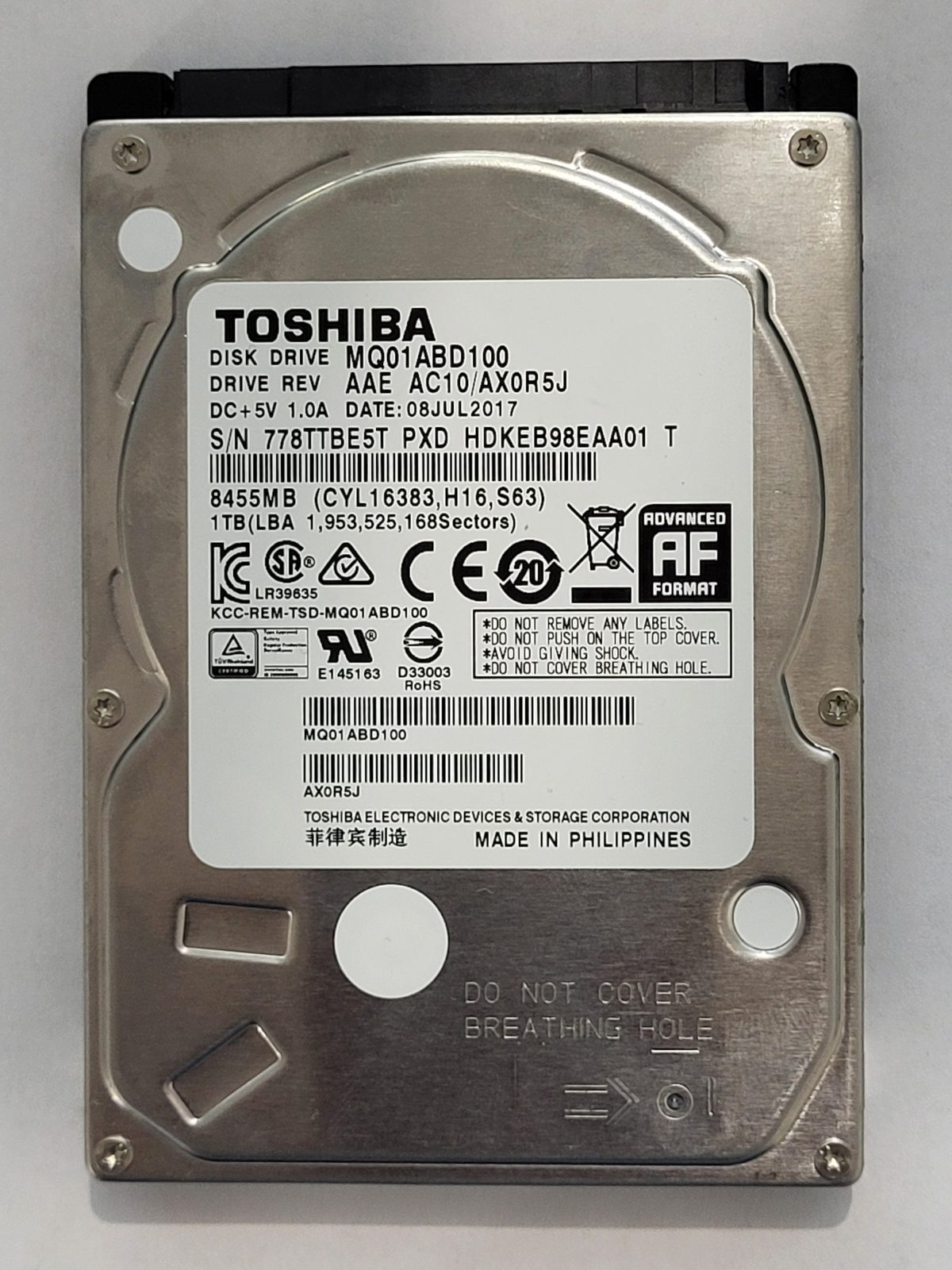 MQ01ABD100, HDKEB98EAA01 T, FW: AC10/AX0R5J, 08 JUL 2017, Toshiba 1Tb 2.5" HDD STK
