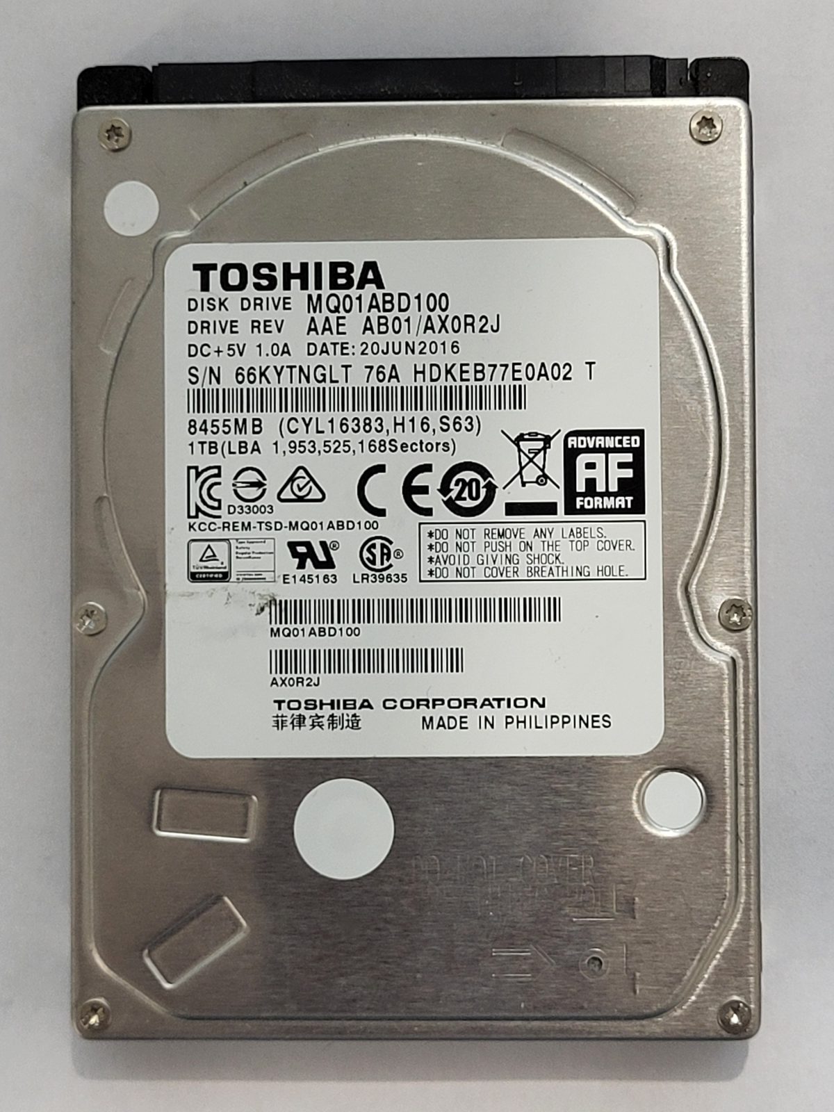 MQ01ABD100, HDKEB77E0A02 T, FW: AB01/AX0R2J, 20 JUN 2016, Toshiba 1Tb 2.5" HDD STK