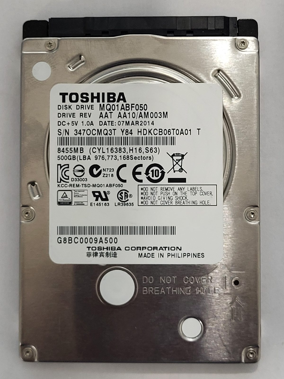 MQ01ABF050, HDKCB06T0A01 T, FW: AA10/AM003M, 07 MAR 2014, Toshiba 500Gb 2.5" HDD STK
