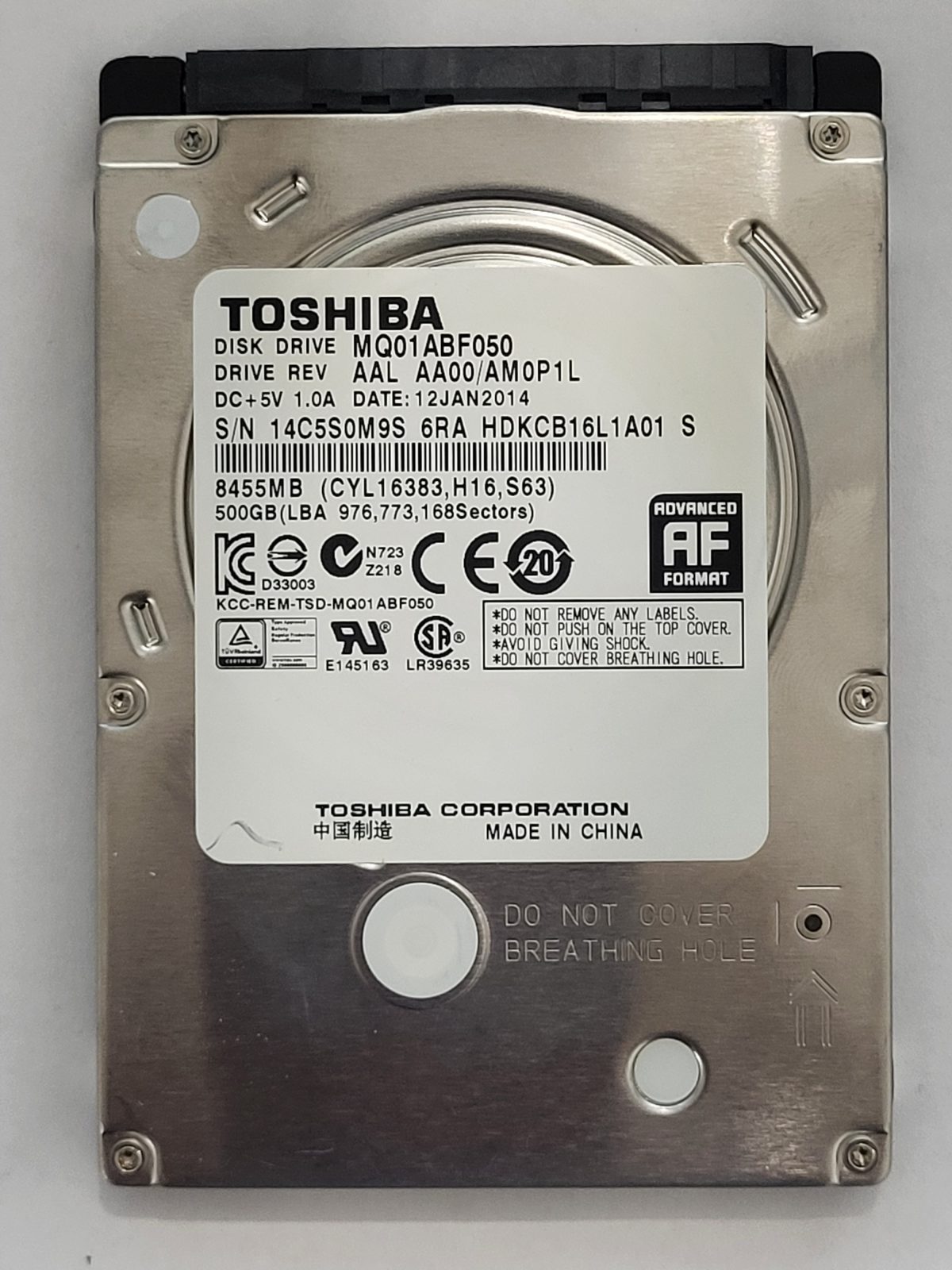MQ01ABF050, HDKCB16L1A01 S, FW: AA00/AM0P1L0Q, 12 JAN 2014, Toshiba 500Gb 2.5" HDD STK