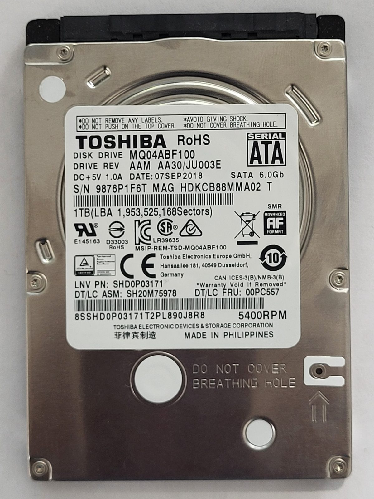 MQ04ABF100, HDKCB88MMA02 T, FW: AA30/JU003E1F, 07 SEP 2018, Toshiba 1Tb 2.5" HDD STK
