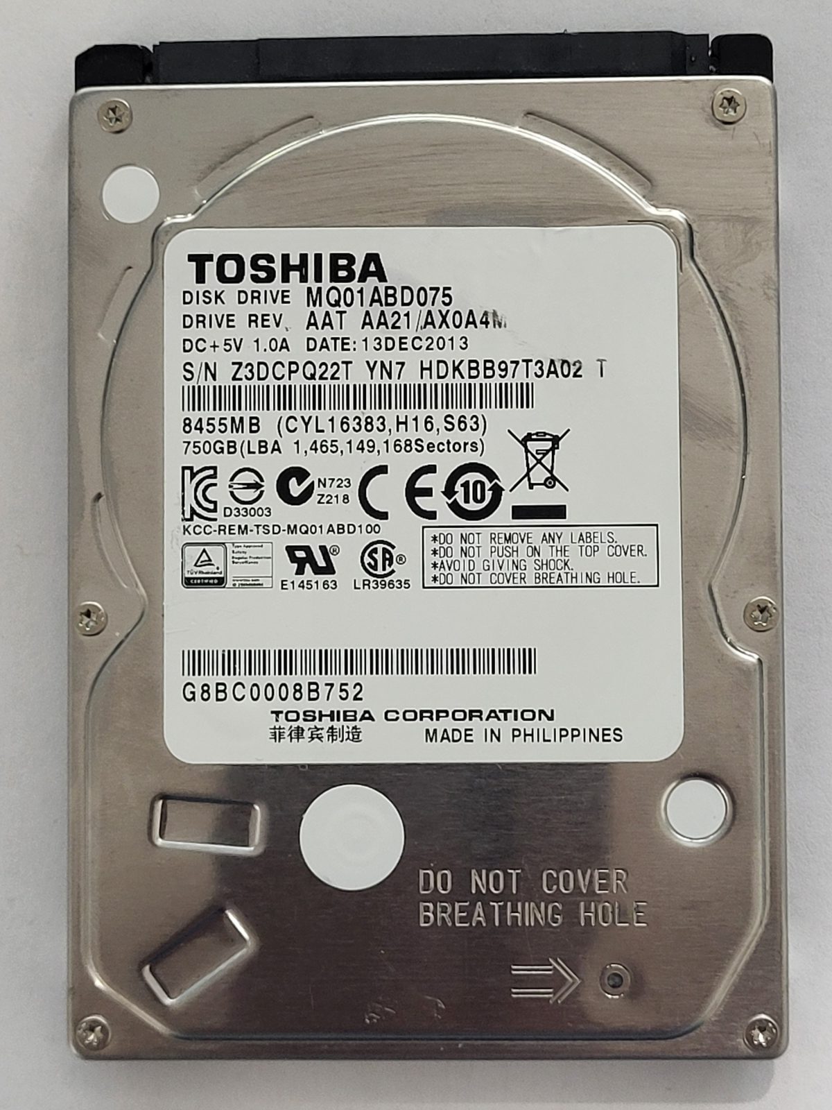 MQ01ABD075, HDKBB97T3A02 T, FW: AA21/AX0A4MA9, 13 DEC 2013, Toshiba 750Gb 2.5" HDD STK