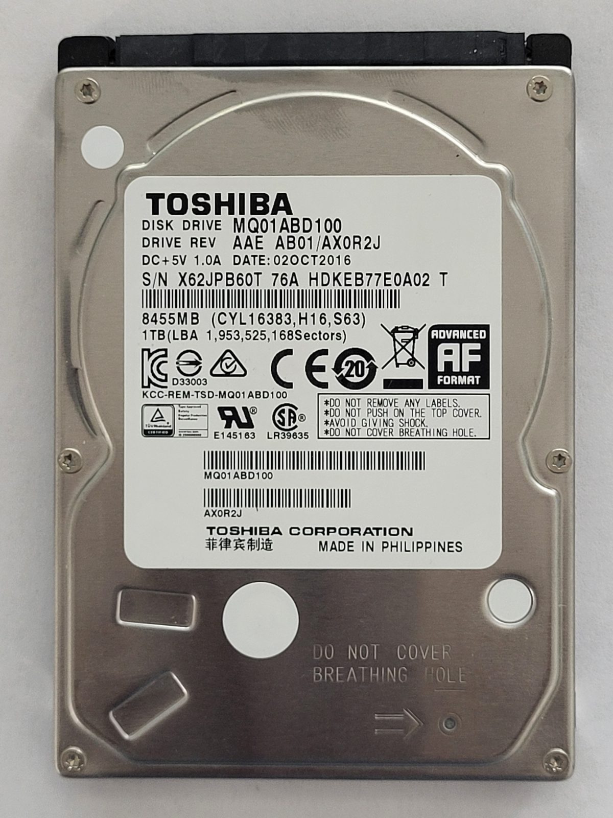 MQ01ABD100, HDKEB77E0A02 T, FW: AB01/AX0R2J, 02 OCT 2016, Toshiba 1Tb 2.5" HDD STK