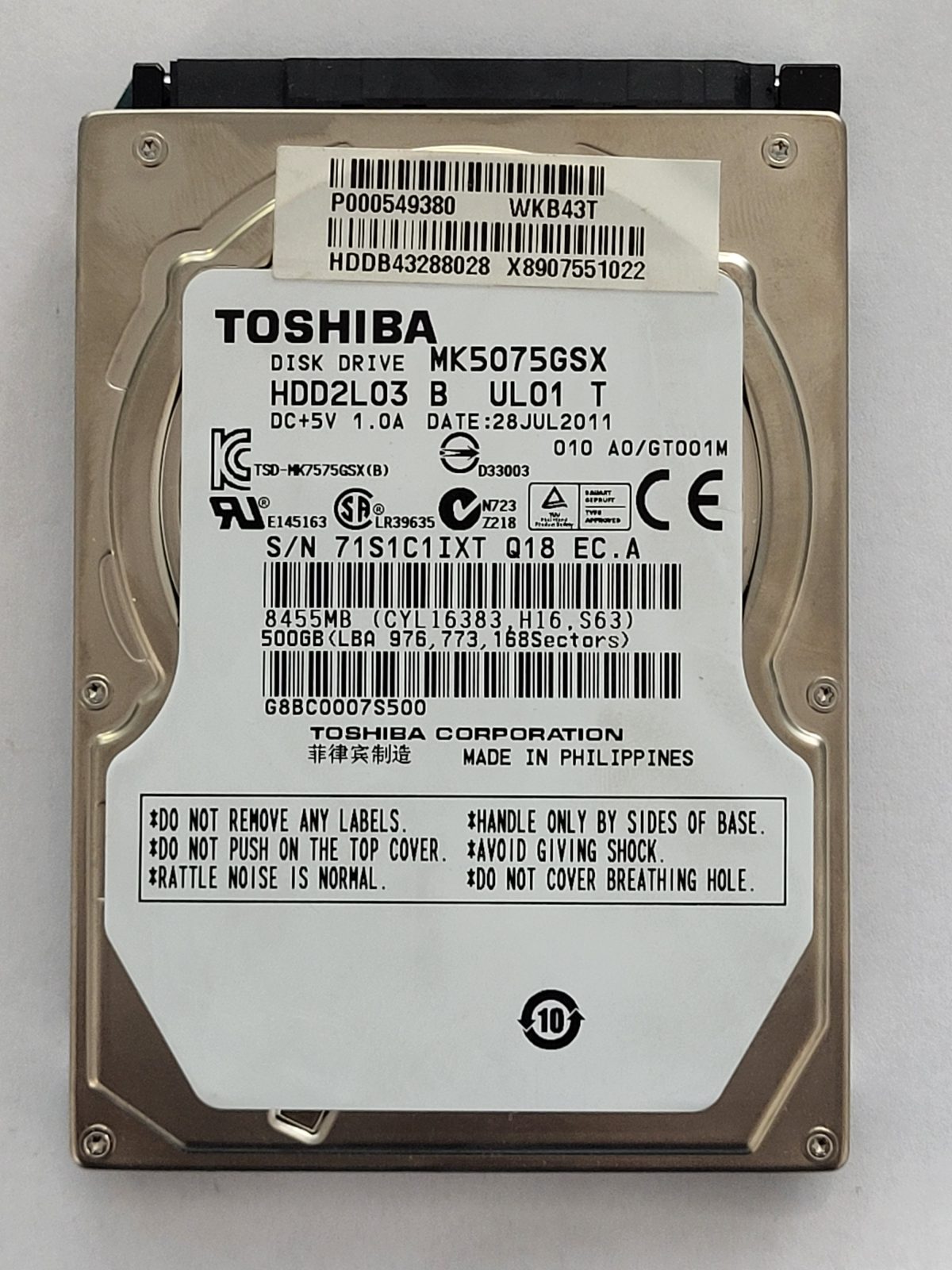 MK5075GSX, HDD2L03 B UL01 T, FW: A0/GT001M, 28 JUL 2011, Toshiba 500Gb 2.5" HDD STK