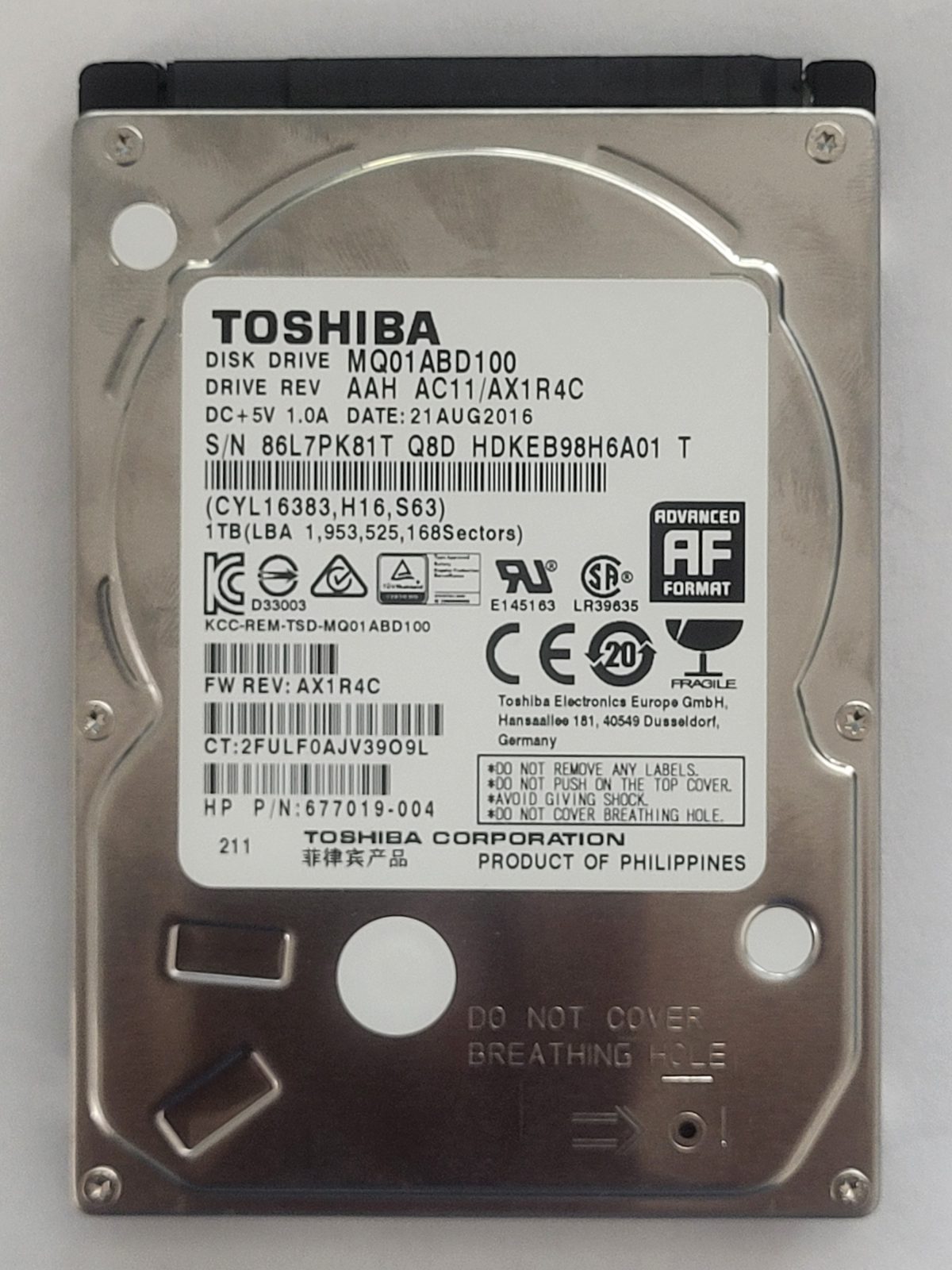 MQ01ABD100, HDKEB98H6A01 T, FW: AC11/AX1R4C, 21 AUG 2016, Toshiba 1Tb 2.5" HDD STK