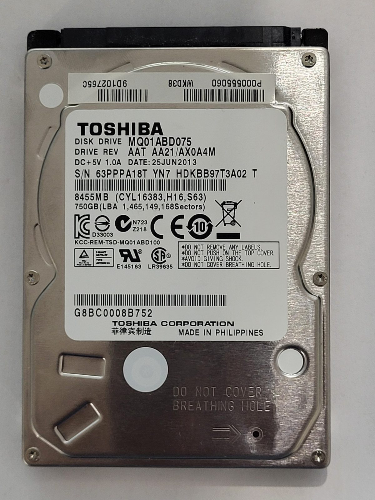 MQ01ABD075, HDKBB97T3A02 T, FW: AA21/AX0A4M, 25 JUN 2013, Toshiba 750Gb 2.5" HDD STK