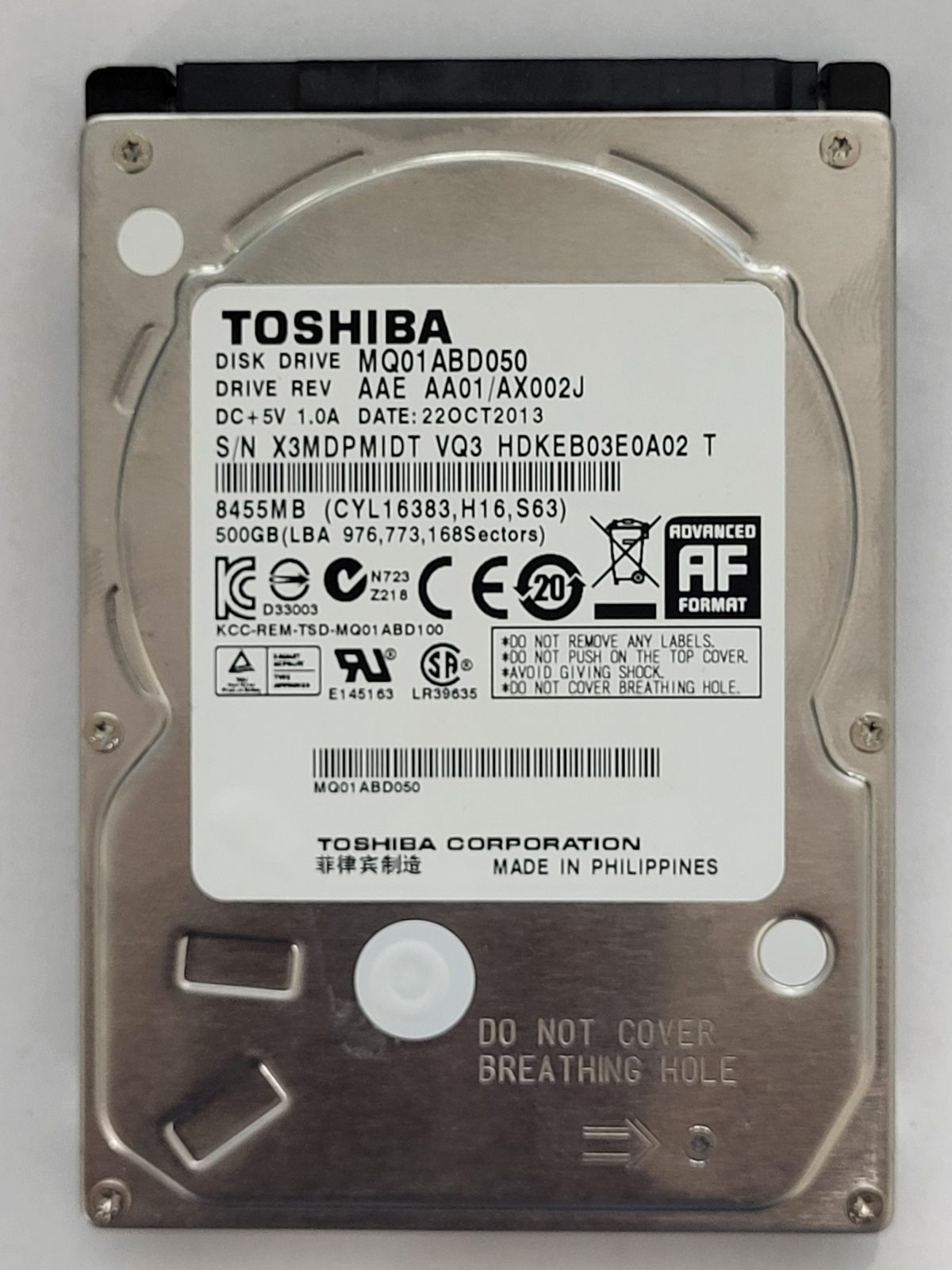 MQ01ABD050, HDKEB03E0A02 T, FW: AA01/AX002J2B, 22 OCT 2013, Toshiba 500Gb 2.5" HDD STK