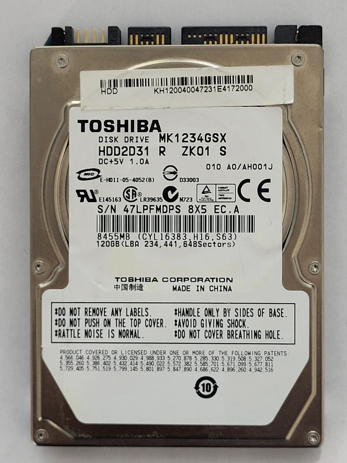 MK1234GSX, HDD2D31 R ZK01 S, FW: A0/AH001J4, -, Toshiba 120Gb 2.5" HDD STK