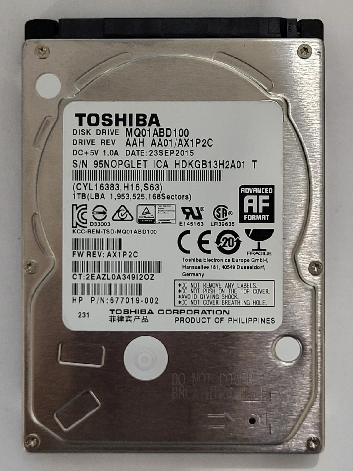 MQ01ABD100, HDKGB13H2A01 T, FW: AA01/AX1P2C, 23 SEP 2015, Toshiba 1Tb 2.5" HDD STK