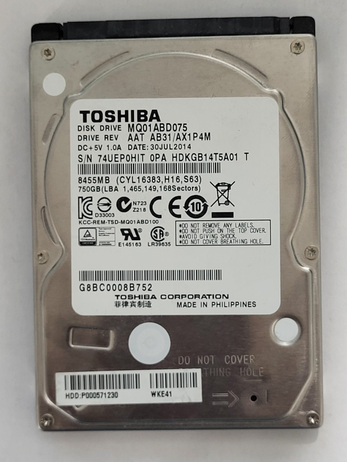 MQ01ABD075, HDKGB14T5A01 T, FW: AB31/AX1P4MA9, 30 JUL 2014, Toshiba 750Gb 2.5" HDD STK