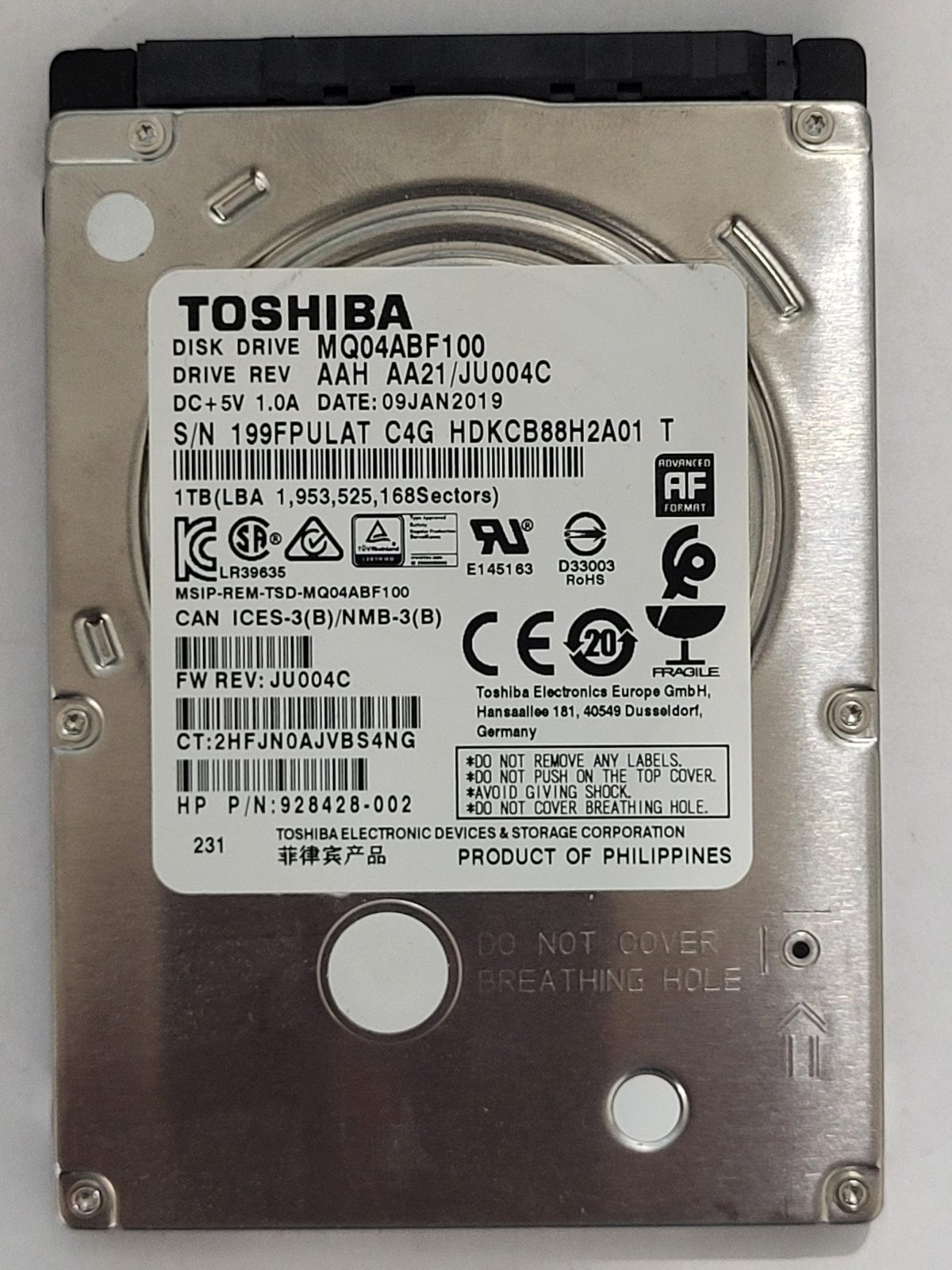 MQ04ABF100, HDKCB88H2A01 T, FW: AA21/JU004C, 09 JAN 2019, Toshiba 1Tb 2.5" HDD STK
