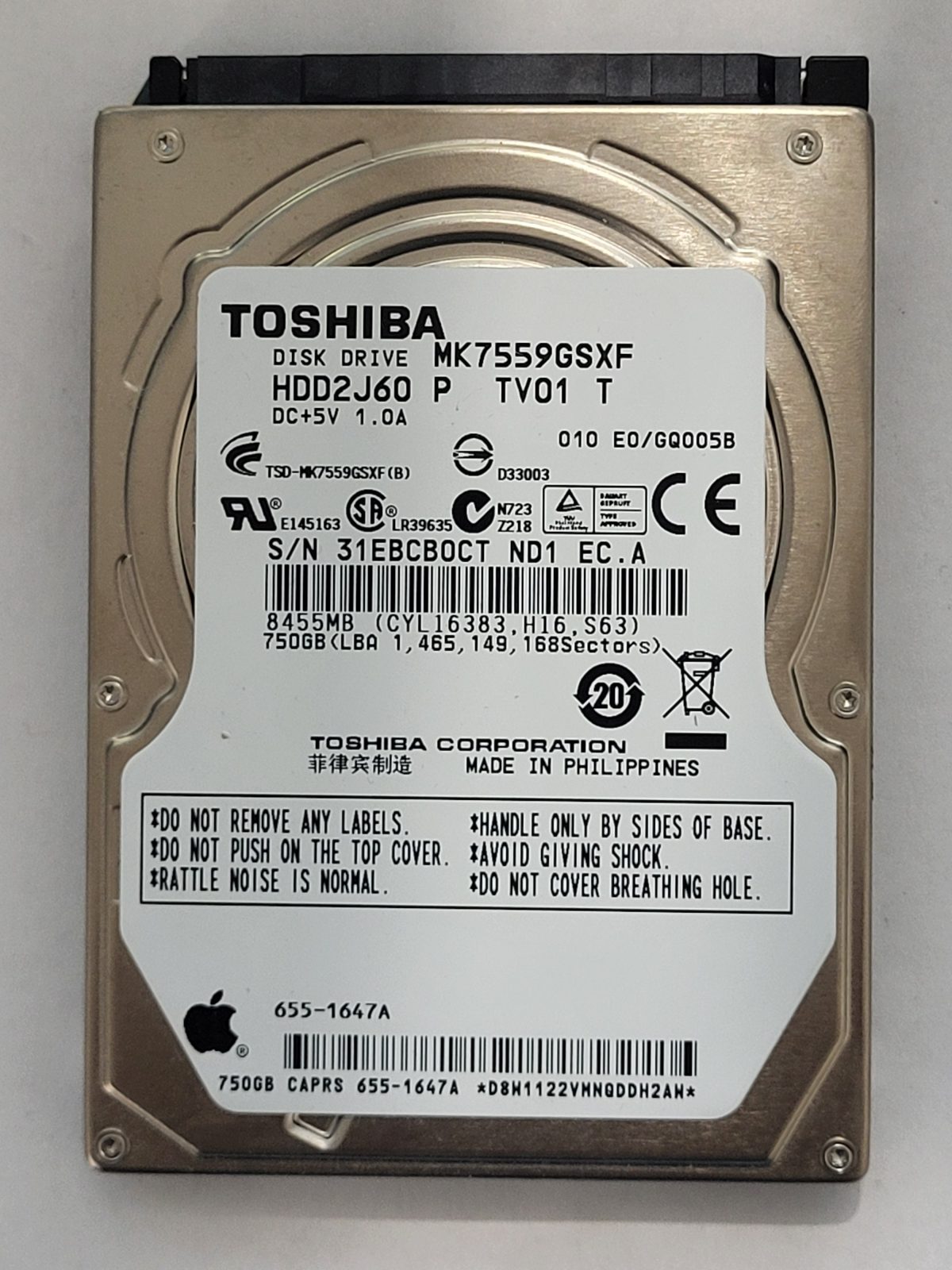 MK7559GSXF, HDD2J60 P TV01 T, FW: E0/GQ005B2, -, Toshiba 750Gb 2.5" HDD STK