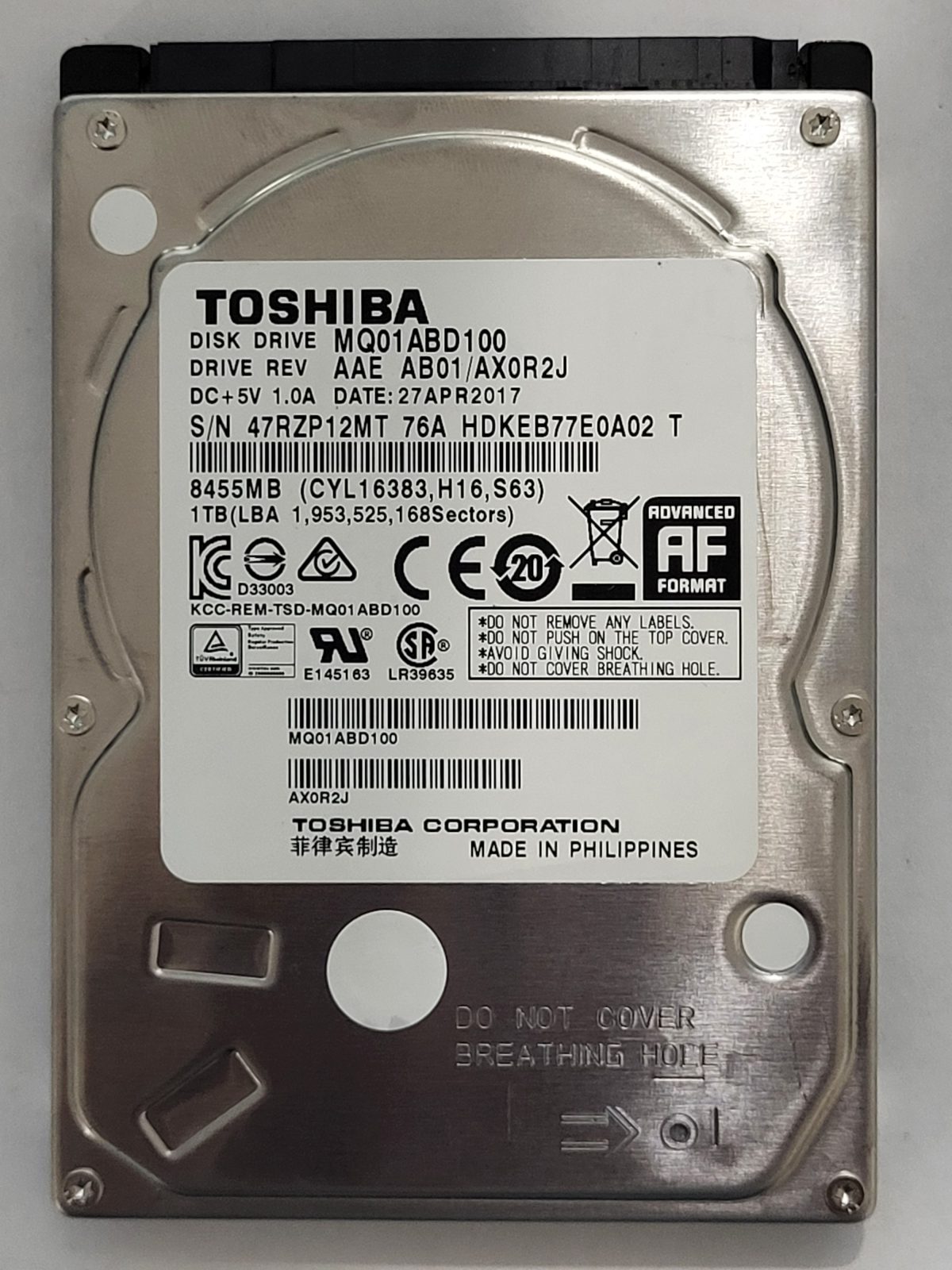 MQ01ABD100, HDKEB77E0A02 T, FW: AB01/AX0R2J, 27 APR 2017, Toshiba 1Tb 2.5" HDD STK