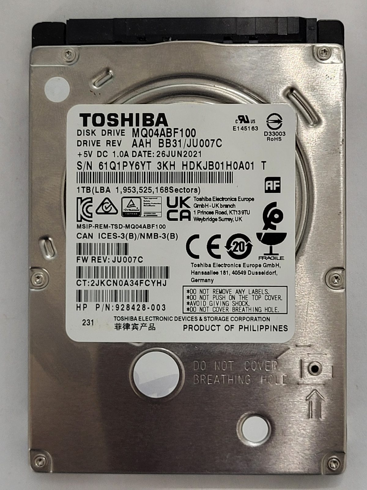 MQ04ABF100, HDKJB01H0A01 T, FW: BB31/JU007C, 26 JUN 2021, Toshiba 1Tb 2.5" HDD STK