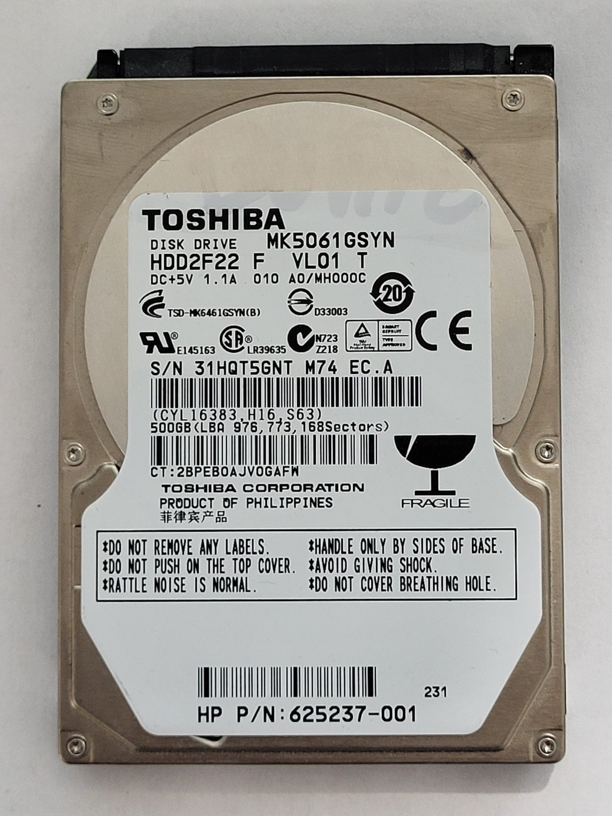 MK5061GSYN, HDD2F22 F VL01 T, FW: A0/MH000C8, -, Toshiba 500Gb 2.5" HDD STK