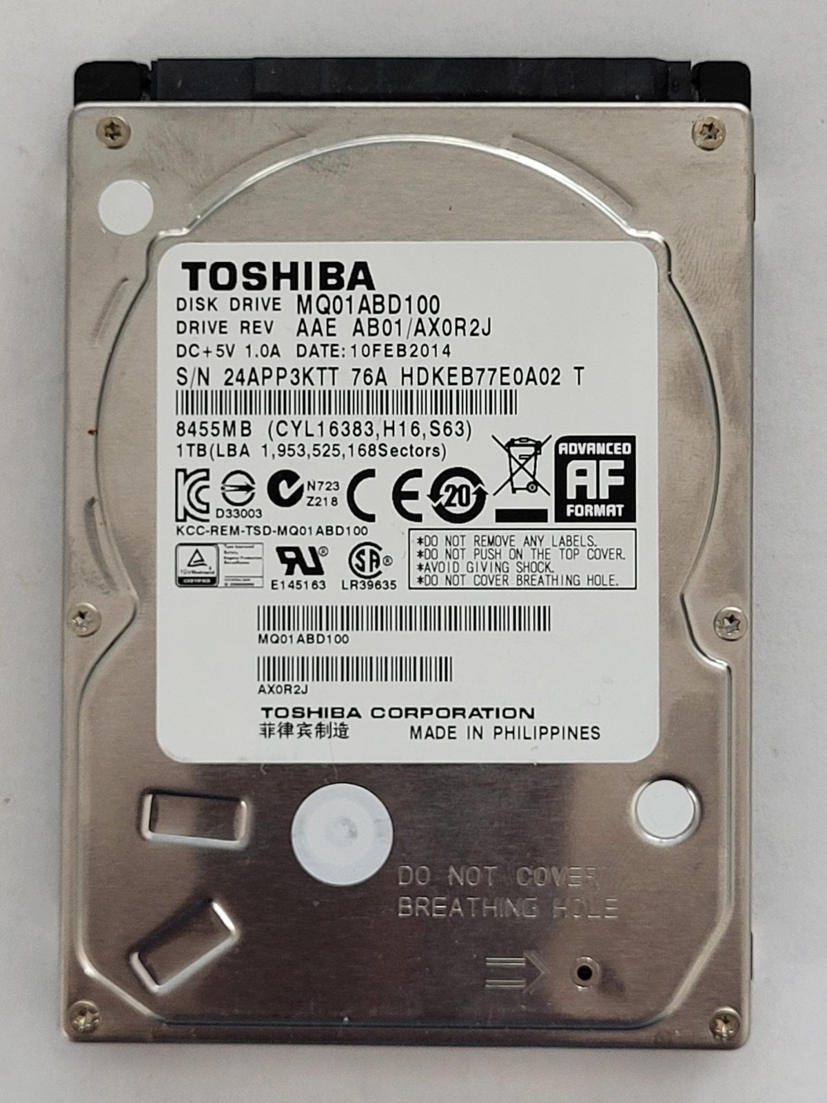 MQ01ABD100, HDKEB77E0A02 T, FW: AB01/AX0R2JA9, 10 FEB 2014, Toshiba 1Tb 2.5" HDD STK