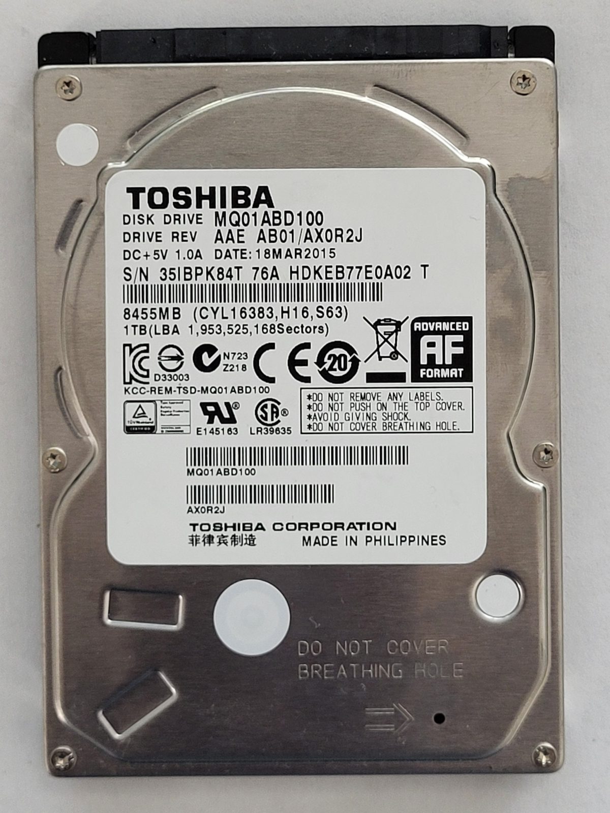 MQ01ABD100, HDKEB77E0A02 T, FW: AB01/AX0R2JAJ, 18 MAR 2015, Toshiba 1Tb 2.5" HDD STK