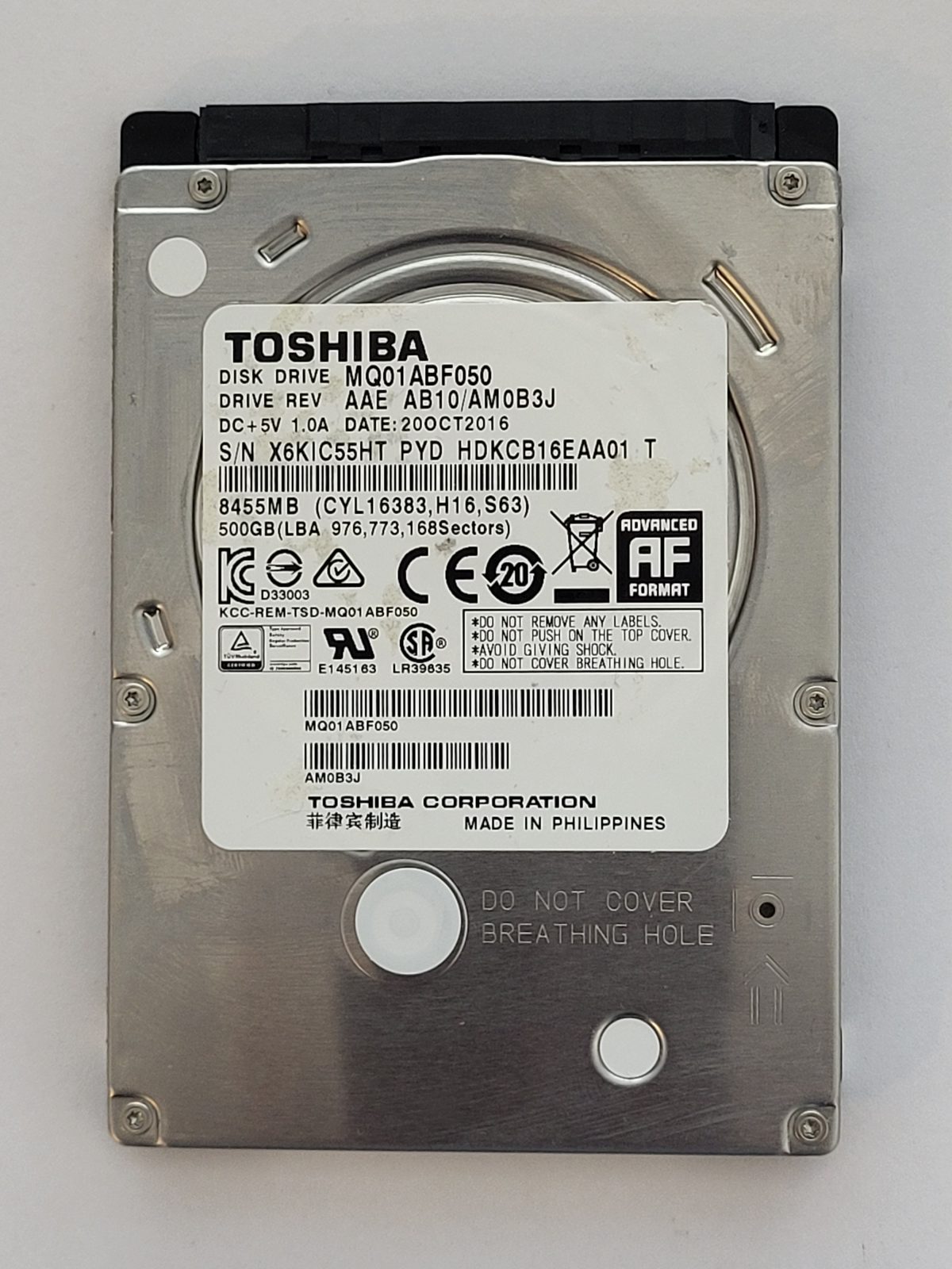 MQ01ABF050, HDKCB16EAA01 T, FW: AB10/AM0B3J, 20 OCT 2016, Toshiba 500Gb 2.5" HDD STK