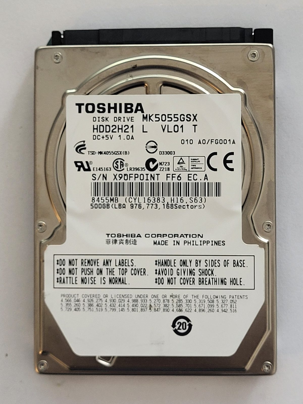 MK5055GSX, HDD2H21 L VL01 T, FW: A0/FG001A, -, Toshiba 500Gb 2.5" HDD STK