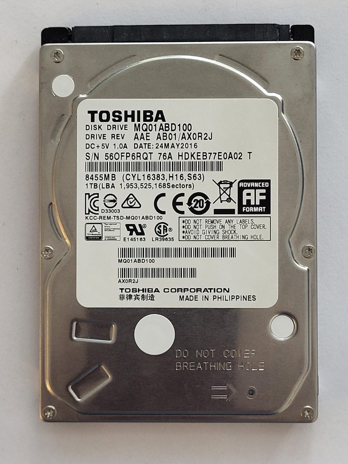 MQ01ABD100, HDKEB77E0A02 T, FW: AB01/AX0R2J, 24 MAY 2016, Toshiba 1Tb 2.5" HDD STK