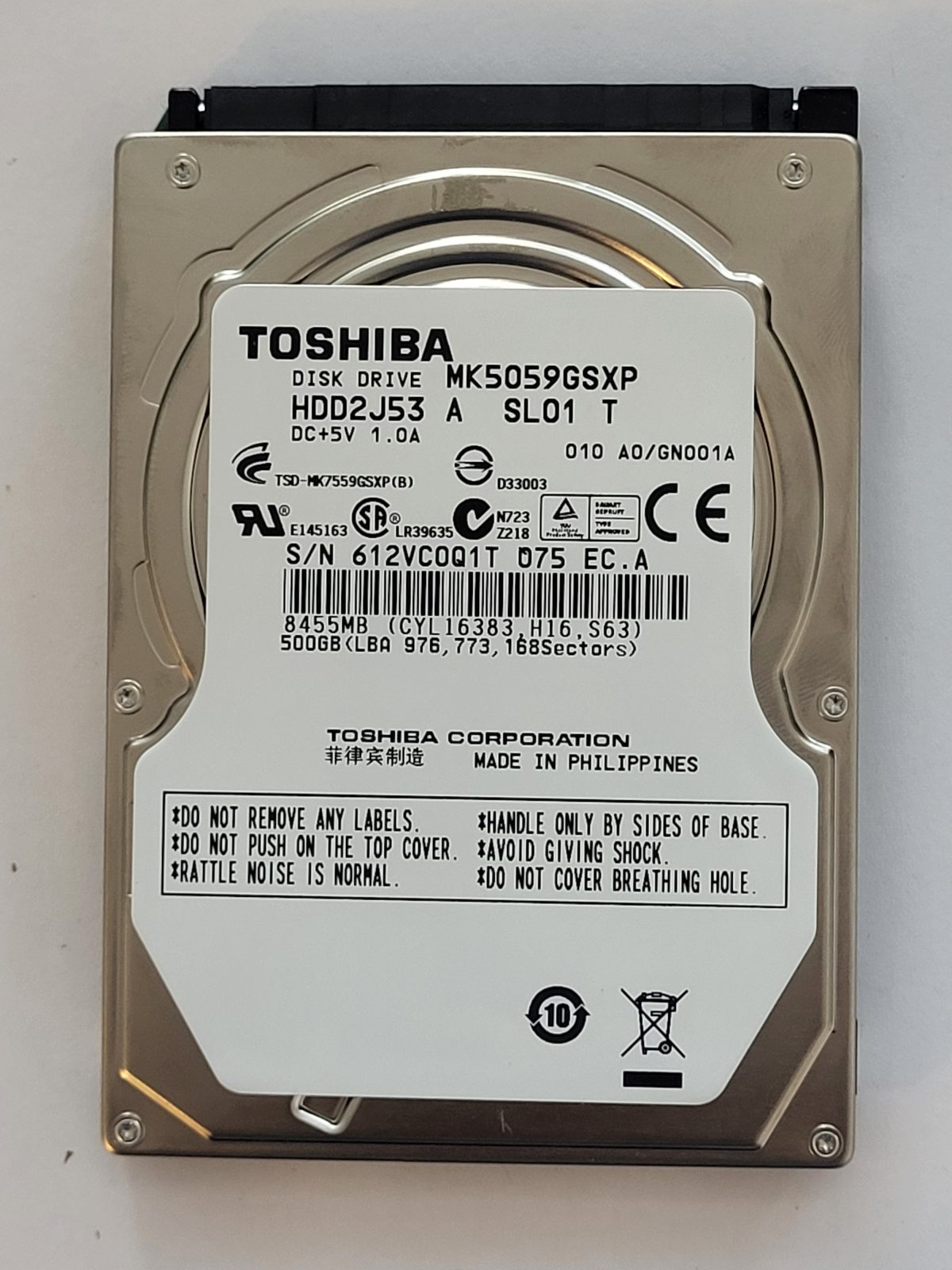 MK5059GSXP, HDD2J53 A SL01 T, FW: A0/GN001A, -, Toshiba 500Gb 2.5" HDD STK