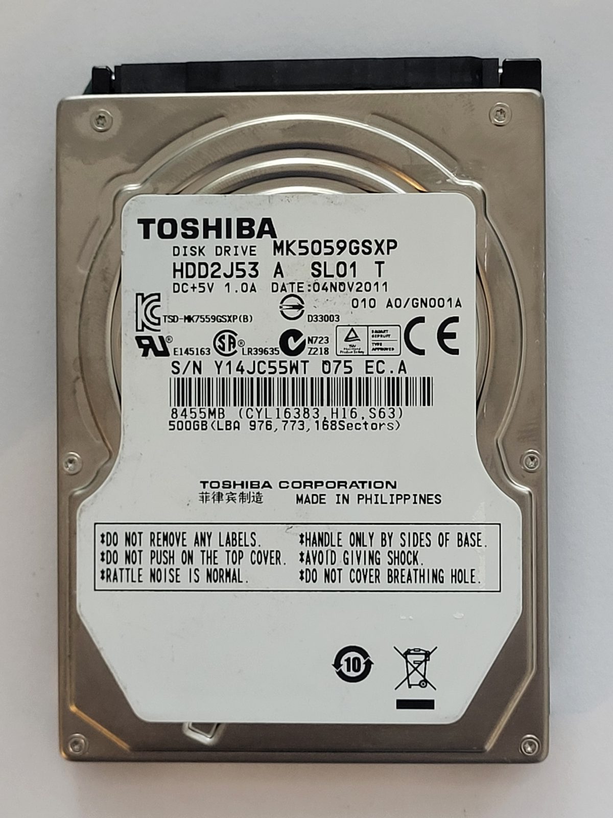 MK5059GSXP, HDD2J53 A SL01 T, FW: A0/GN001A, 04 NOV 2011, Toshiba 500Gb 2.5" HDD STK