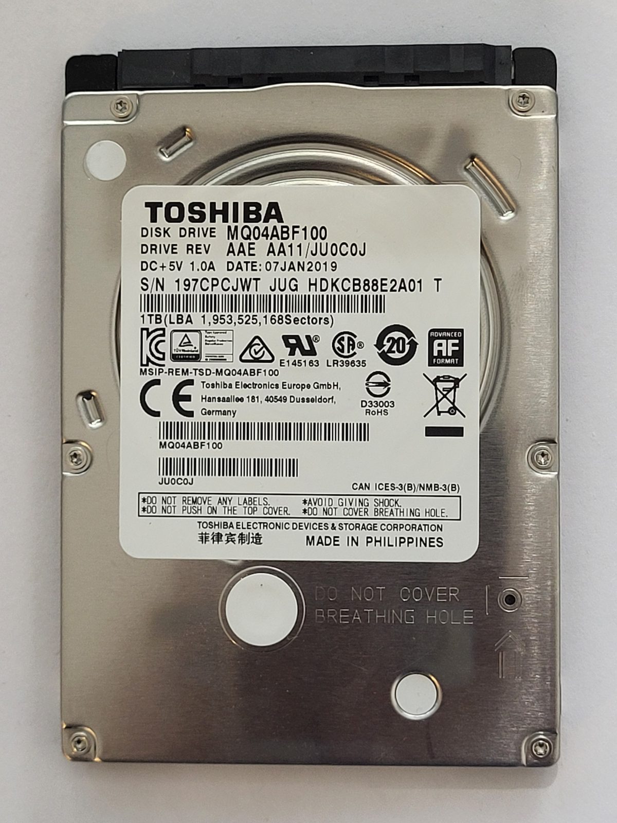 MQ04ABF100, HDKCB88E2A01 T, FW: AA11/JU0C0J, 07 JAN 2019, Toshiba 1Tb 2.5" HDD STK