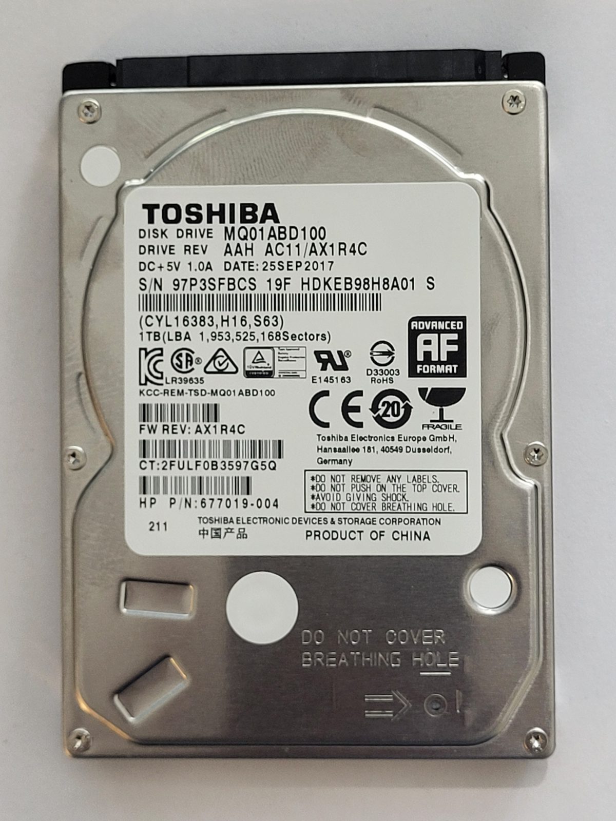 MQ01ABD100, HDKEB98H8A01 S, FW: AC11/AX1R4C, 25 SEP 2017, Toshiba 1Tb 2.5" HDD STK
