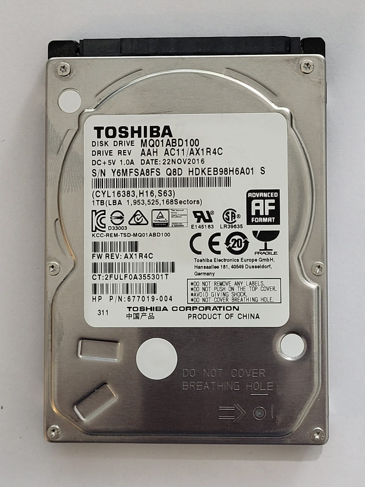 MQ01ABD100, HDKEB98H6A01 S, FW: AC11/AX1R4C, 22 NOV 2016, Toshiba 1Tb 2.5" HDD STK