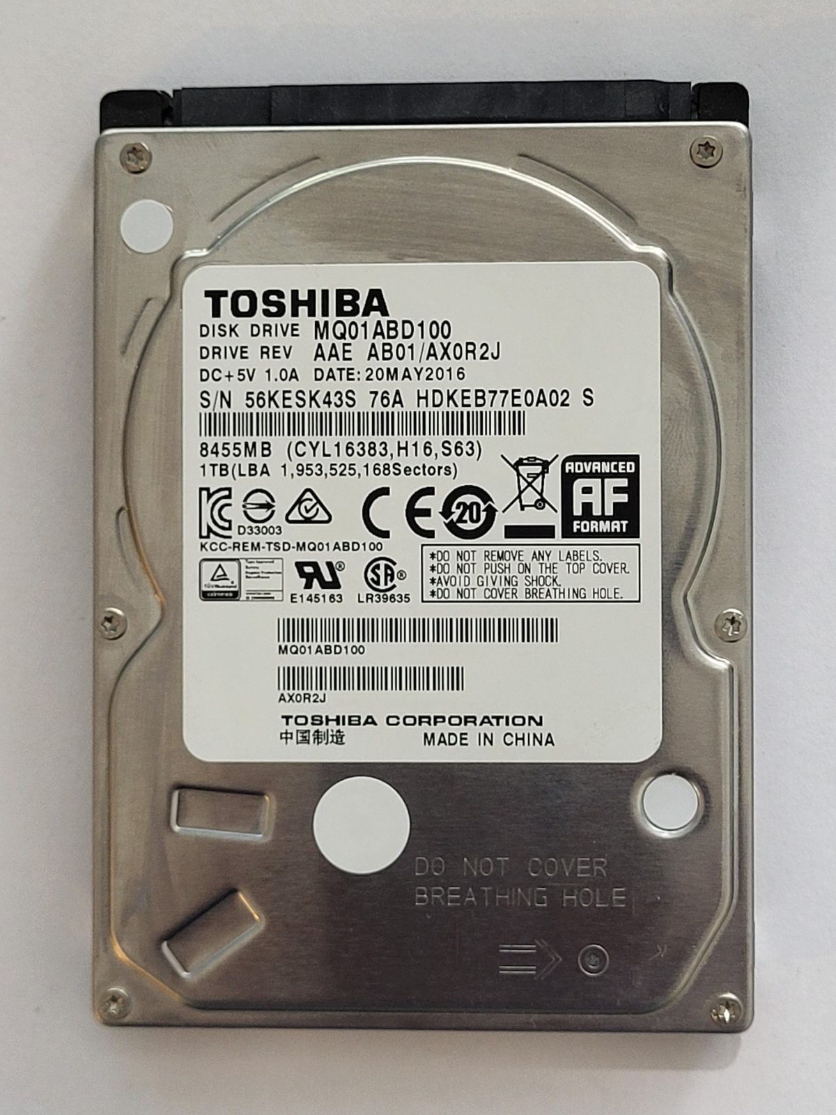 MQ01ABD100, HDKEB77E0A02 S, FW: AB01/AX0R2J, 20 MAY 2016, Toshiba 1Tb 2.5" HDD STK