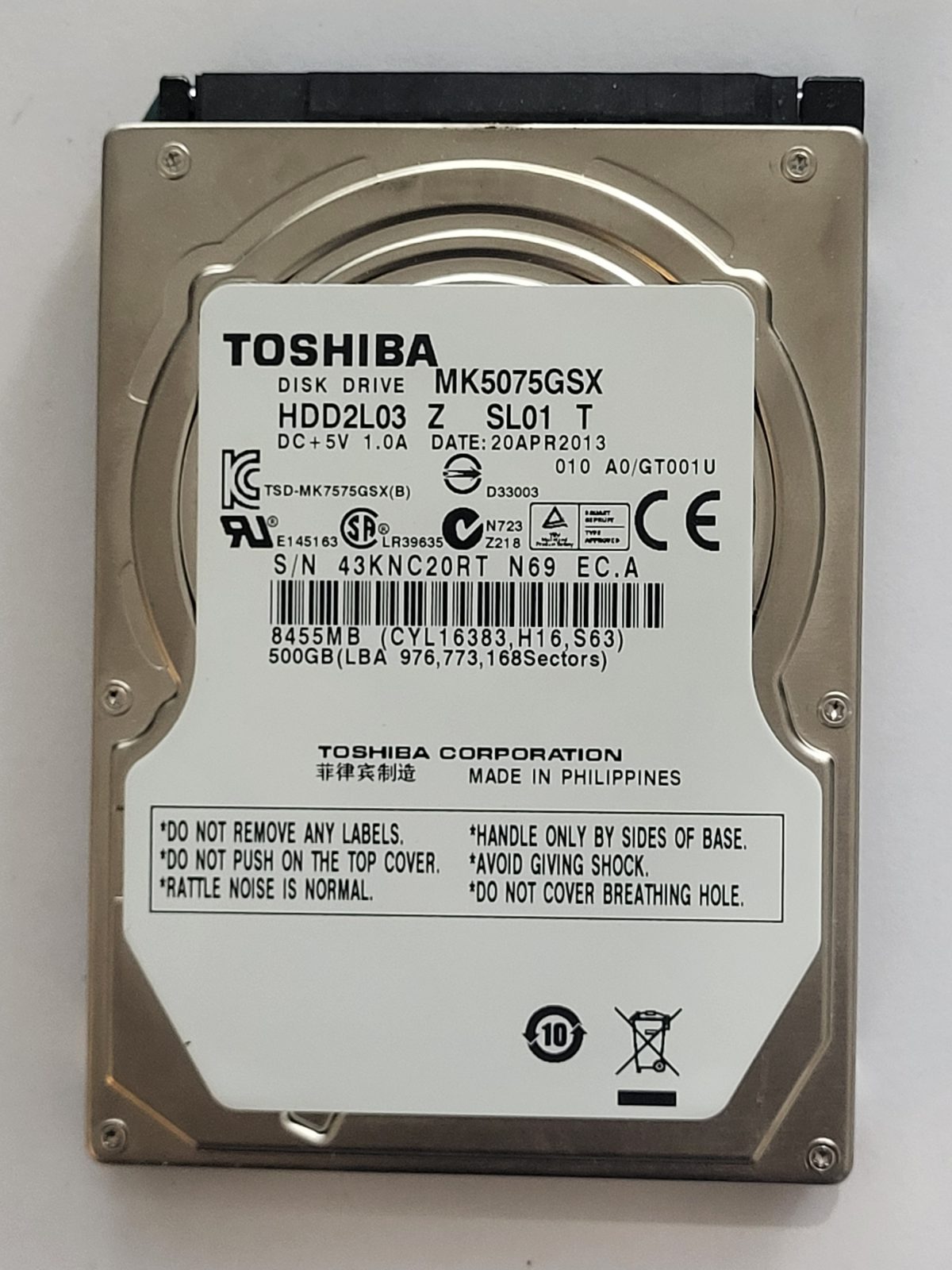 MK5075GSX, HDD2L03 Z SL01 T, FW: A0/GT001U, 20 APR 2013, Toshiba 500Gb 2.5" HDD STK