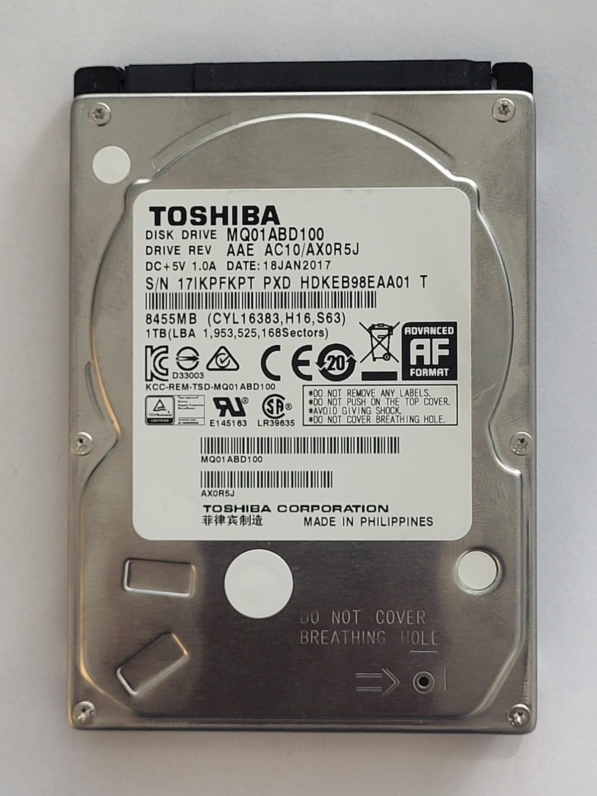 MQ01ABD100, HDKEB98EAA01 T, FW: AC10/AX0R5J, 18 JAN 2017, Toshiba 1Tb 2.5" HDD STK