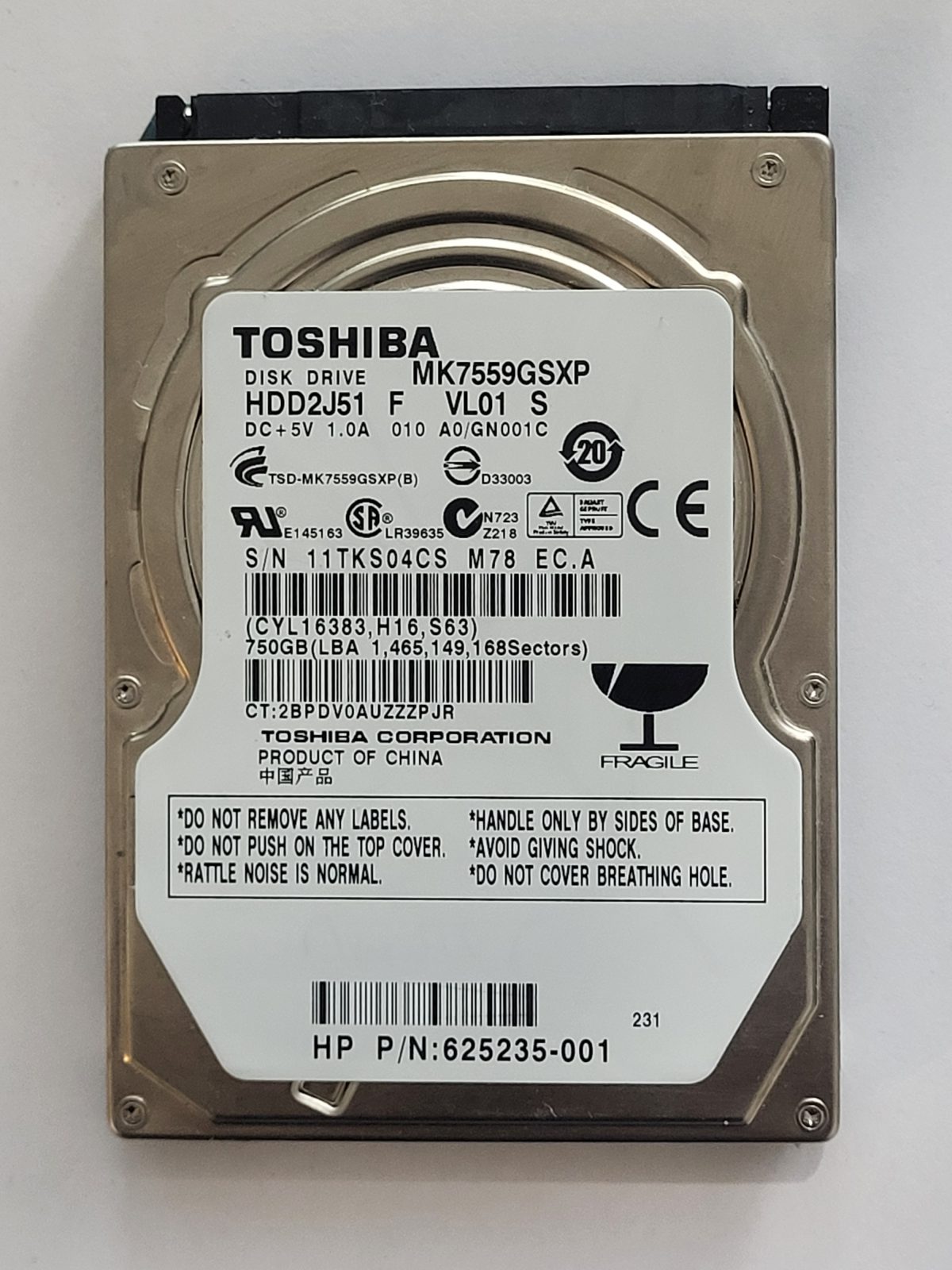 MK7559GSXP, HDD2J51 F VL01 S, FW: A0/GN001C, -, Toshiba 750Gb 2.5" HDD STK