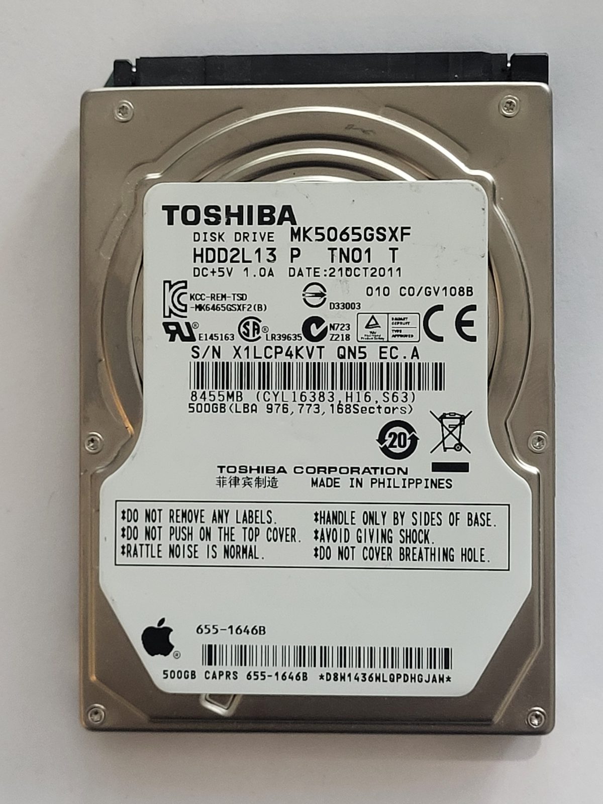 MK5065GSXF, HDD2L13 P TN01 T, FW: C0/GV108B, 21 OCT 2011, Toshiba 500Gb 2.5" HDD STK