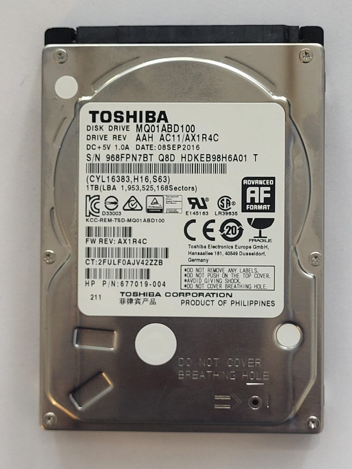 MQ01ABD100, HDKEB98H6A01 T, FW: ACC/AX1R4C, 08 SEP 2016, Toshiba 1Tb 2.5" HDD STK