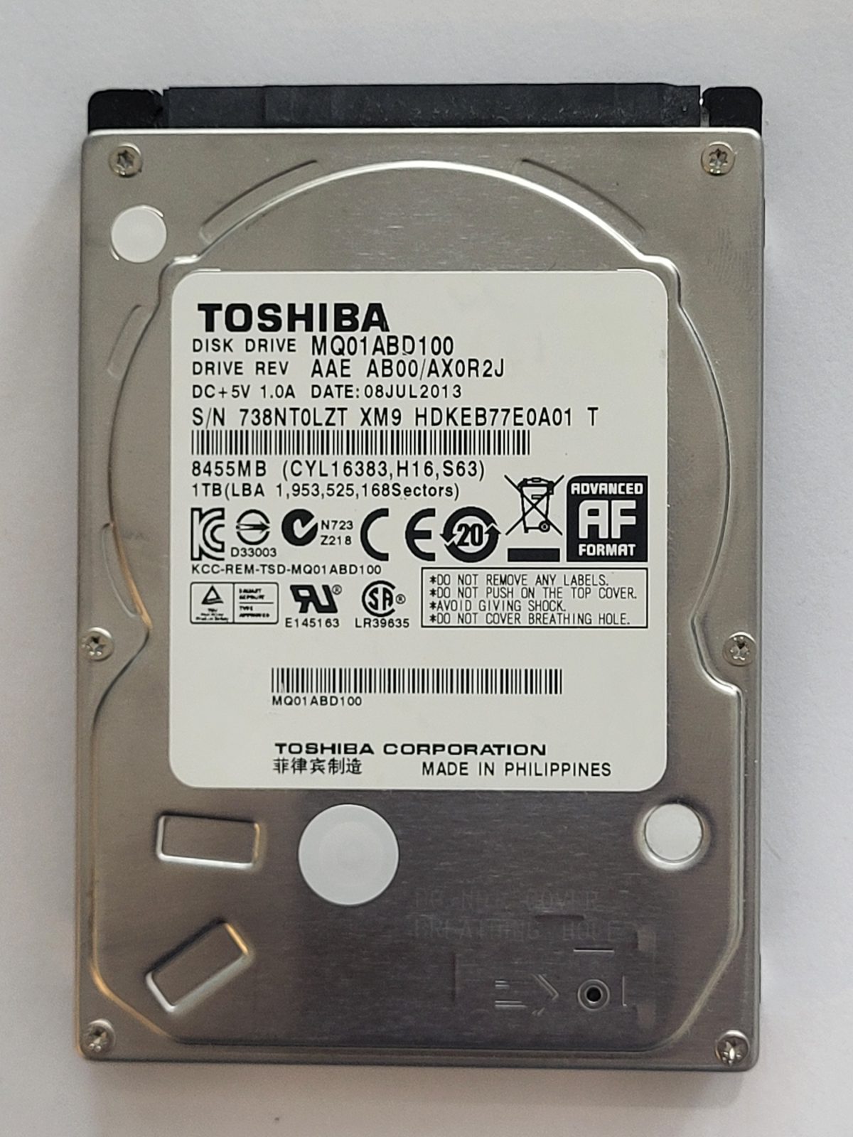 MQ01ABD100, HDKEB77E0A01 T, FW: AB00/AX0R2J, 08 JUL 2013, Toshiba 1Tb 2.5" HDD STK