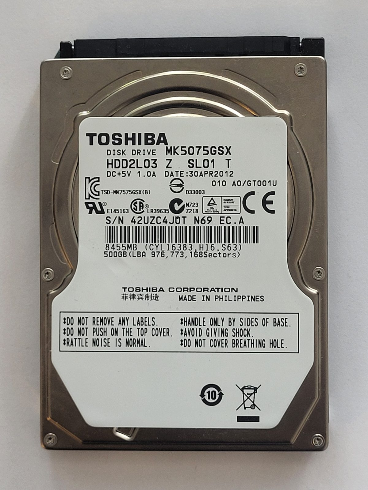 MK5075GSX, HDD2L03 Z SL01 T, FW: A0/GT001U, 30 APR 2012, Toshiba 500Gb 2.5" HDD STK