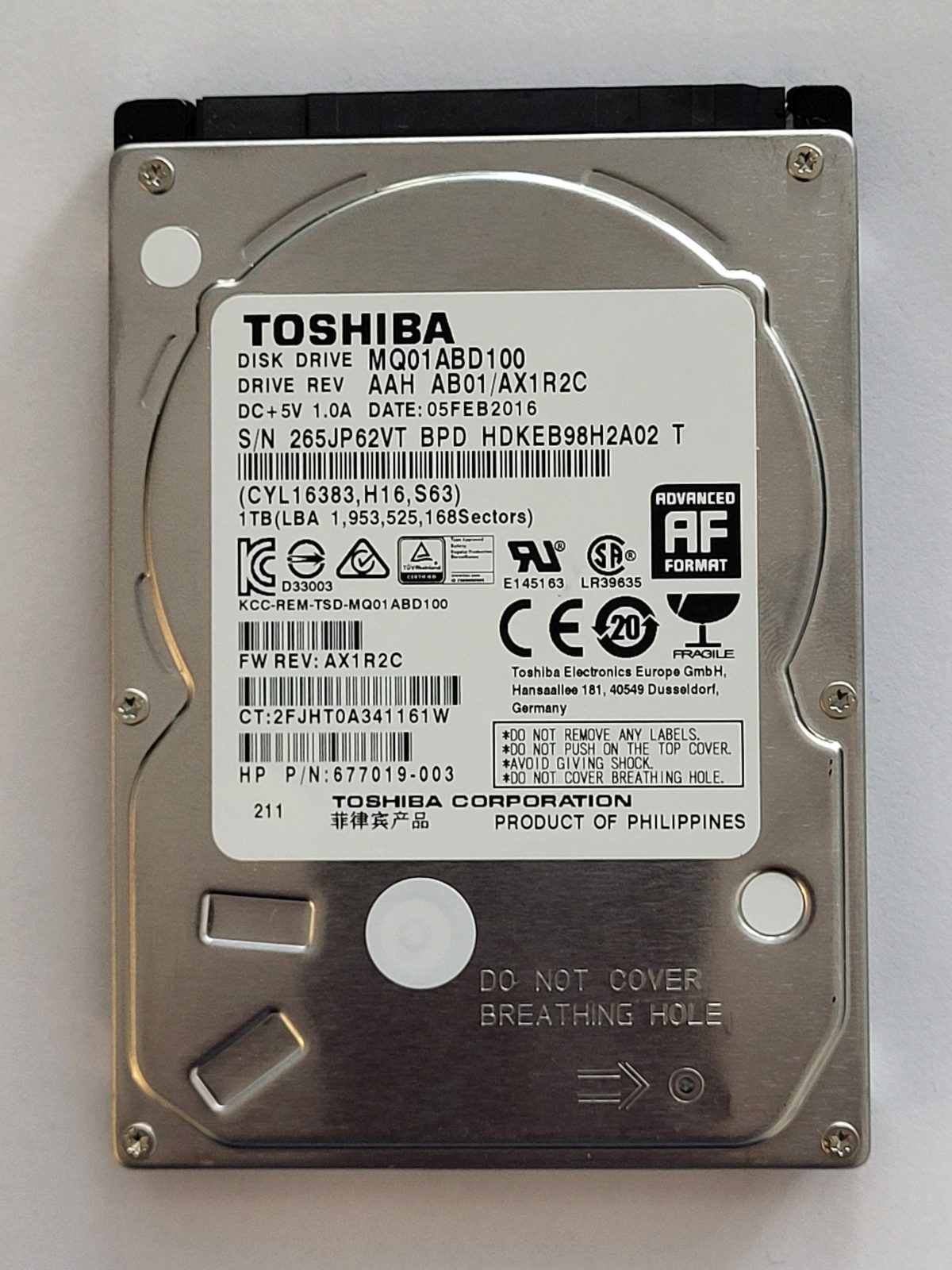 MQ01ABD100, HDKEB98H2A02 T, FW: AB01/AX1R2C, 05 FEB 2016, Toshiba 1Tb 2.5" HDD STK