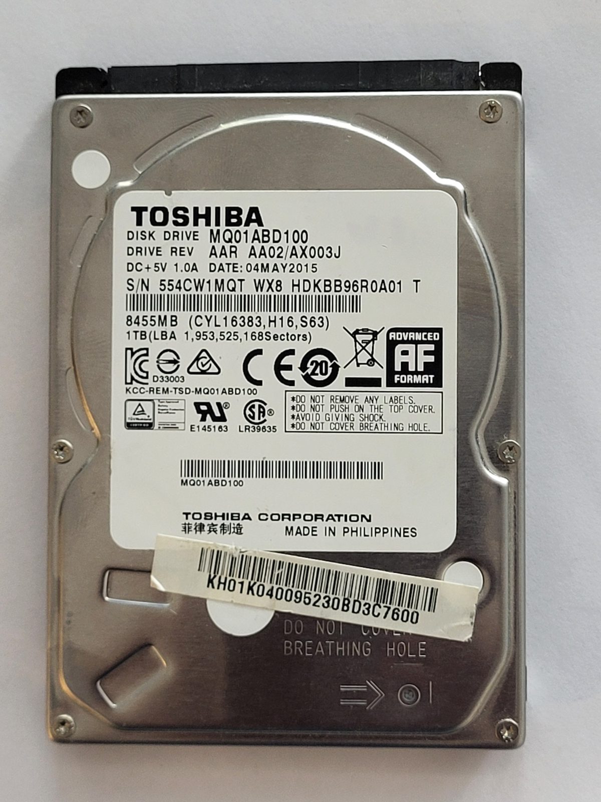 MQ01ABD100, HDKBB96R0A01 T, FW: AA02/AX003J, 04 MAY 2015, Toshiba 1Tb 2.5" HDD STK