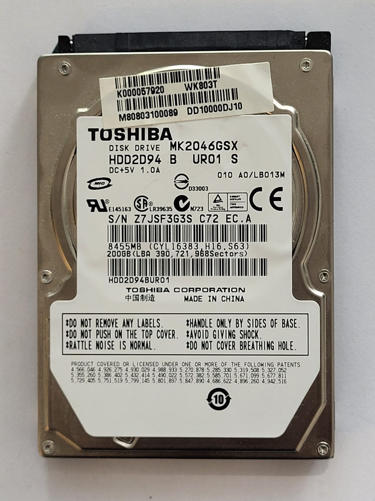 MK2046GSX, HDD2D94 B UR01 S, FW: A0/LB013M, -, Toshiba 200Gb 2.5" HDD STK