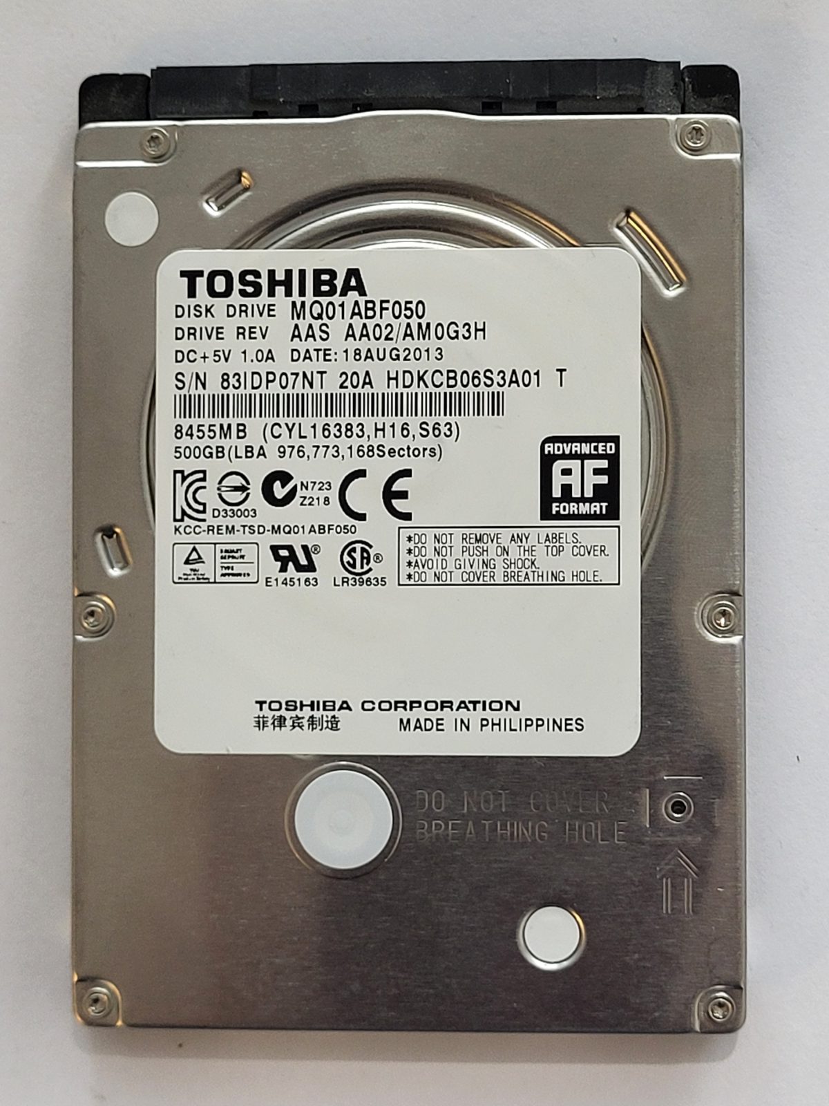 MQ01ABF050, HDKCB06S3A01 T, FW: AA02/AM0G3H, 18 AUG 2013, Toshiba 500Gb 2.5" HDD STK